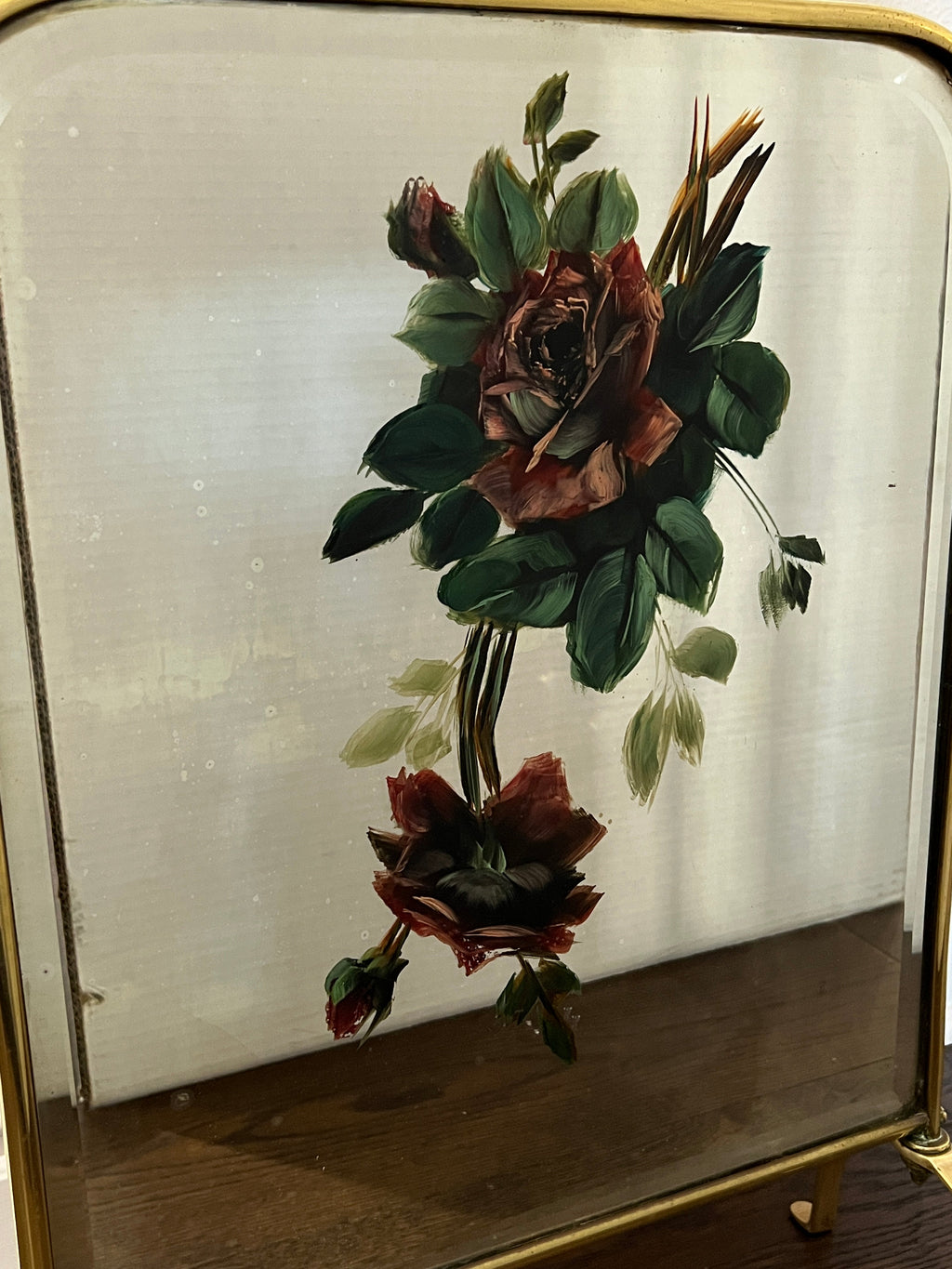 Antique Victorian, Art Nouveau, Rose Painted Brass Mirrored Fireplace Screen