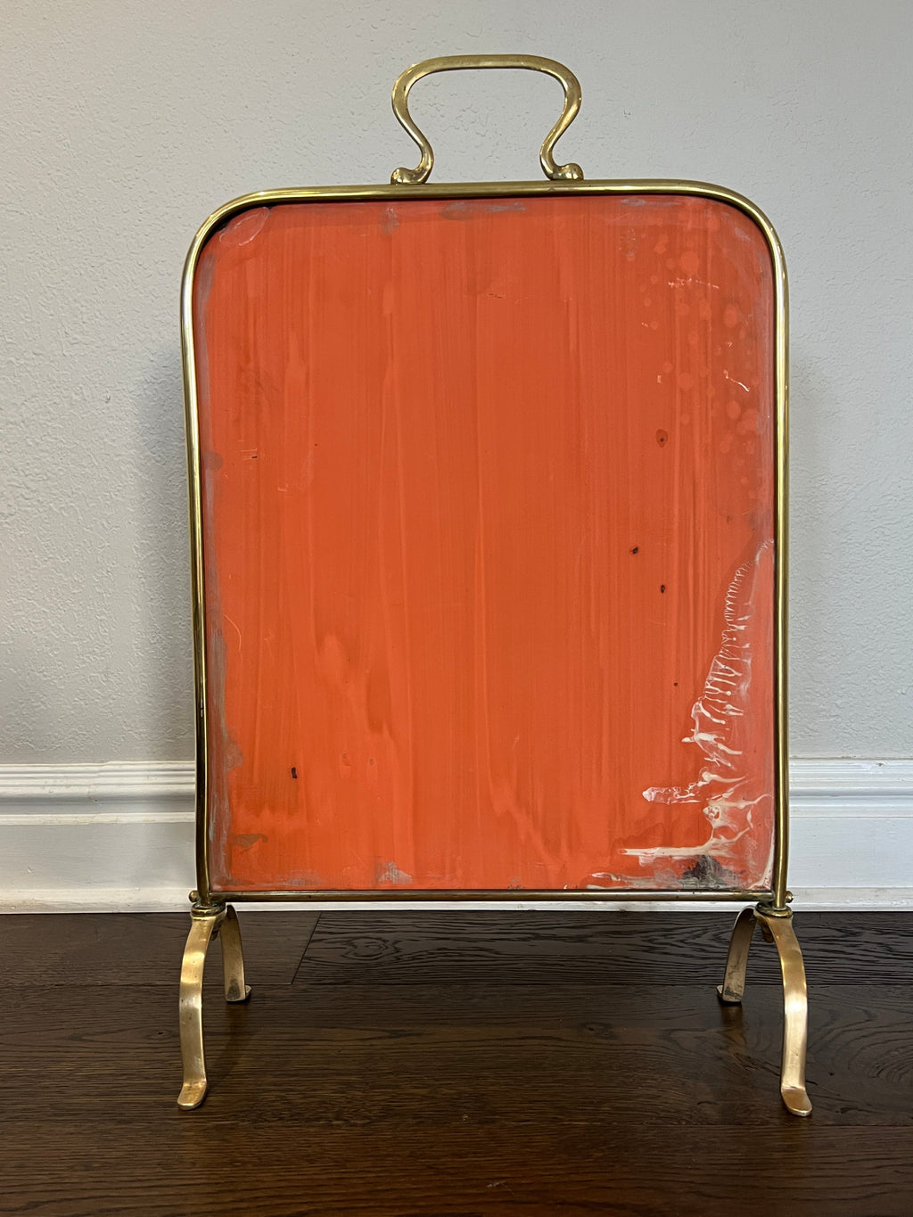 Antique Victorian, Art Nouveau, Rose Painted Brass Mirrored Fireplace Screen