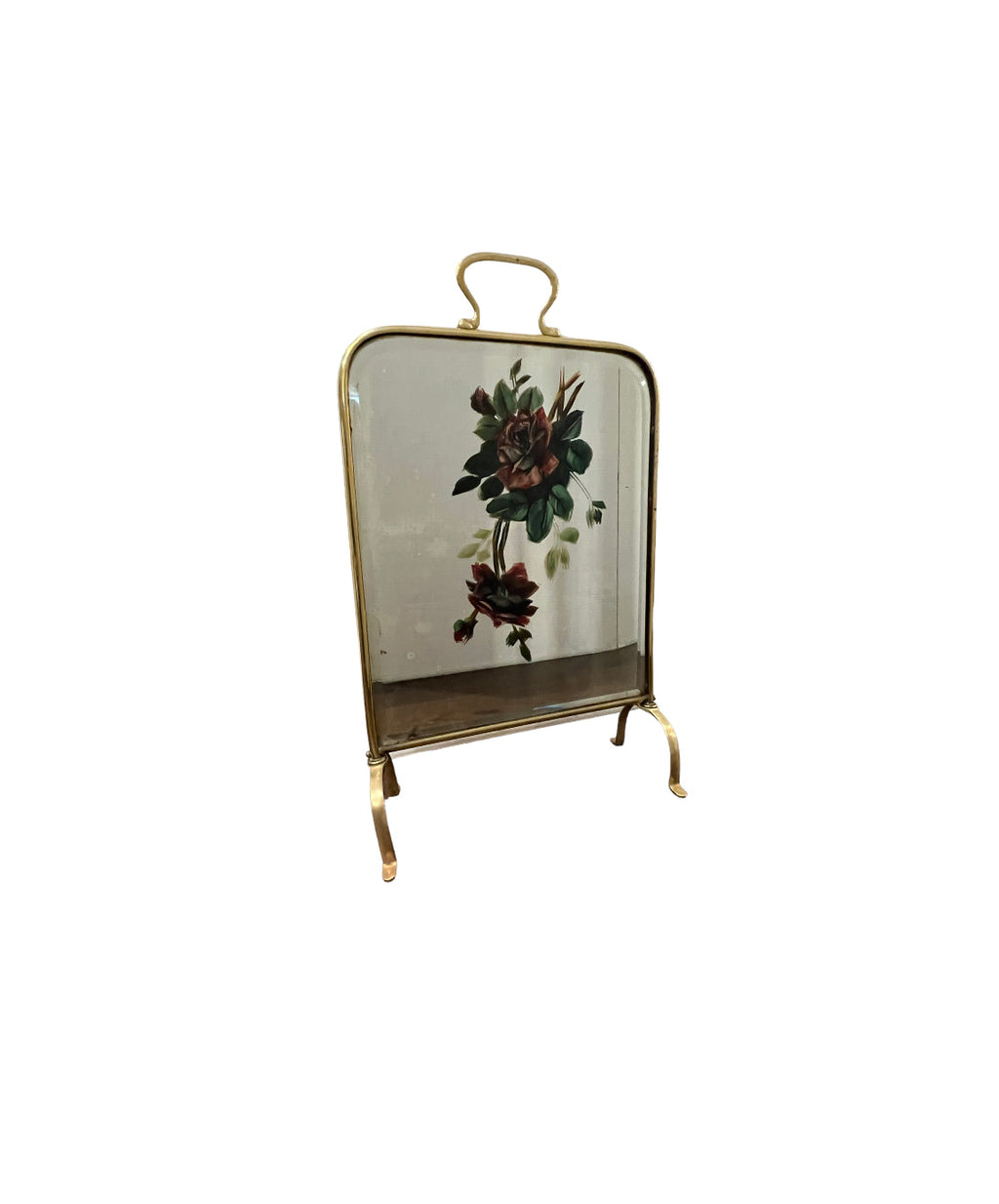 Antique Victorian, Art Nouveau, Rose Painted Brass Mirrored Fireplace Screen