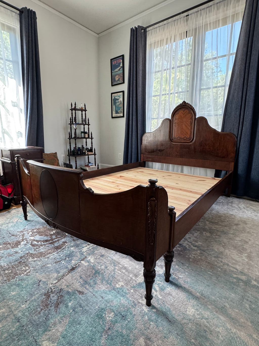 Antique Walnut Full or Double Size Bed with Curved Footboard