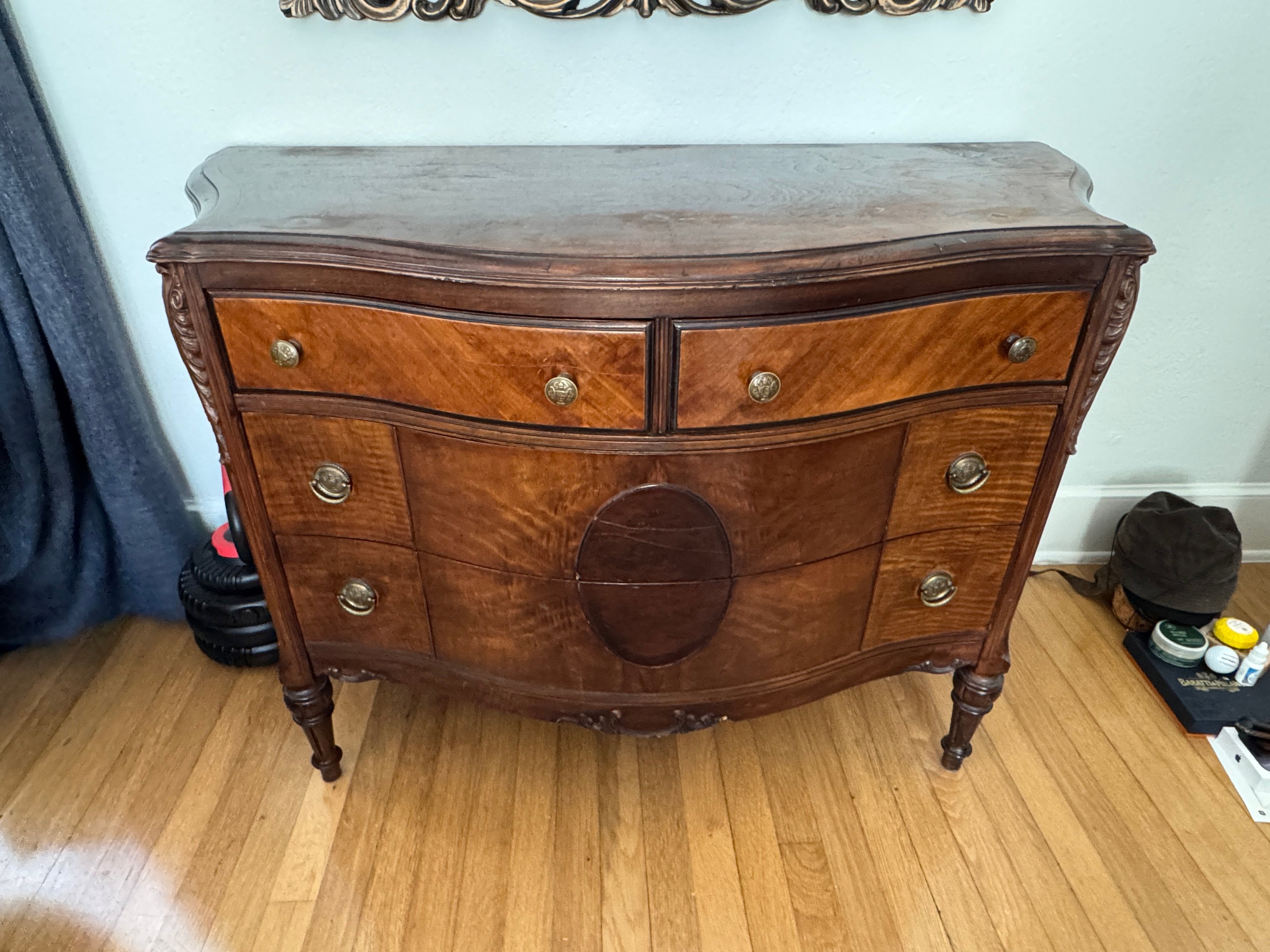 Antique Burled Walnut and Inlaid Marquetry Dresser Chest of Drawers