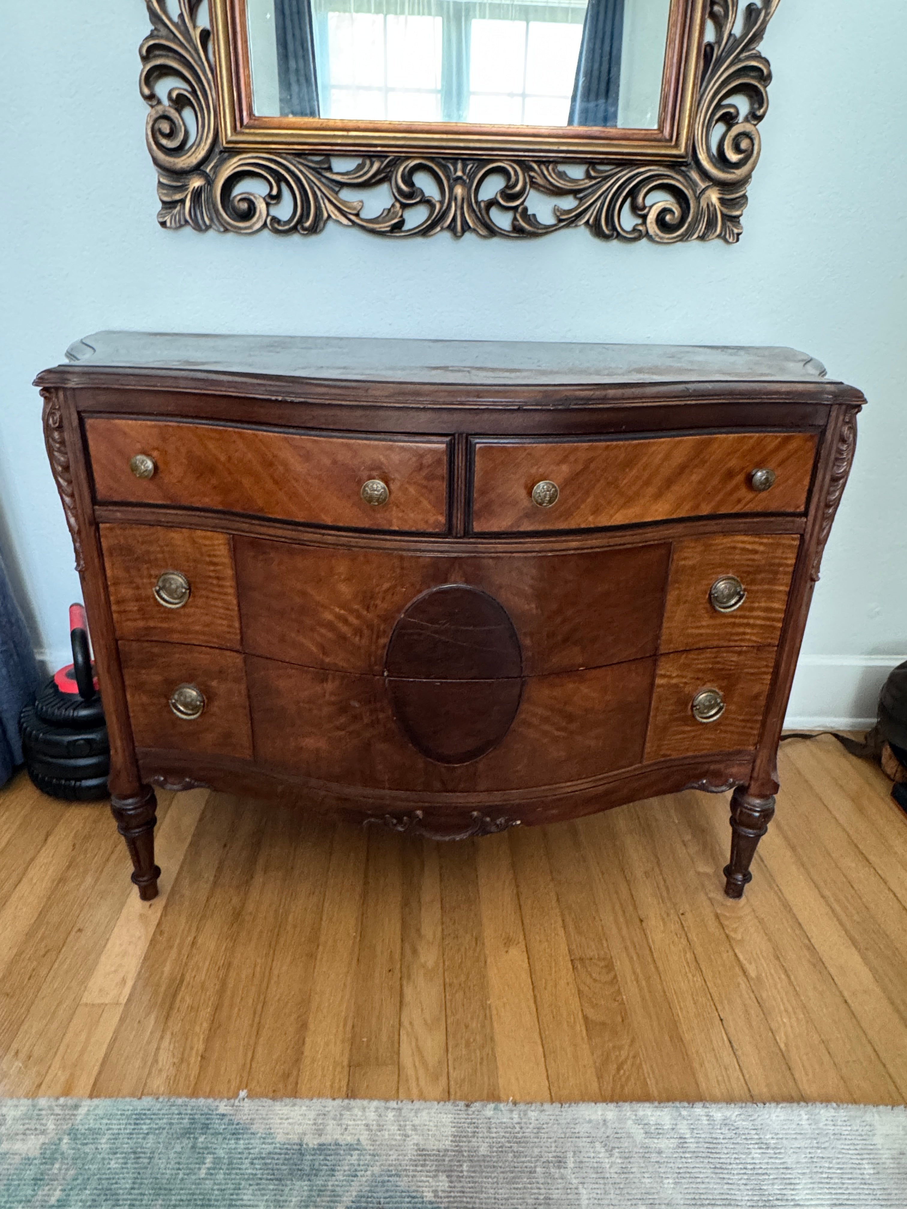 Antique Burled Walnut and Inlaid Marquetry Dresser Chest of Drawers