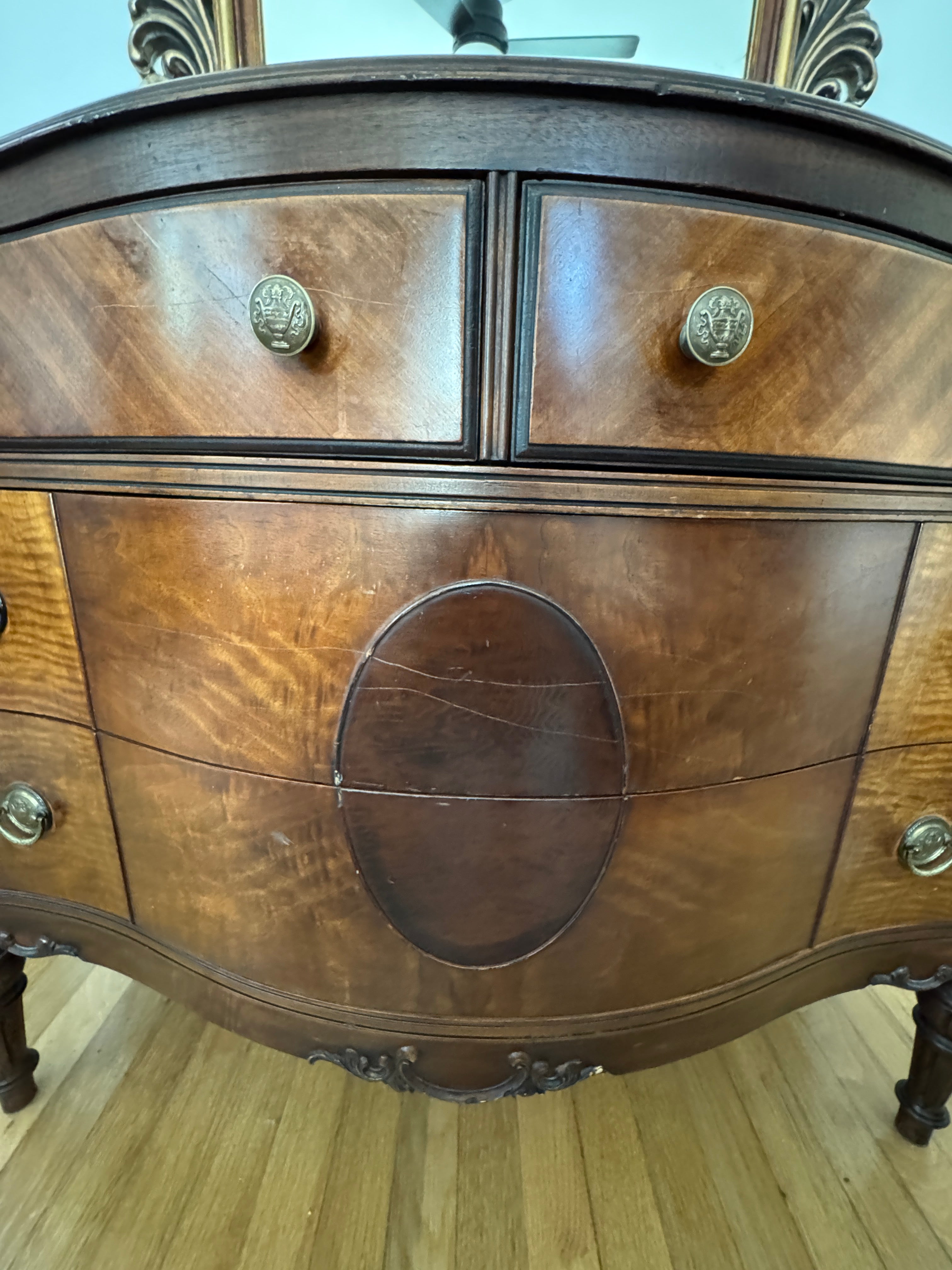 Antique Burled Walnut and Inlaid Marquetry Dresser Chest of Drawers