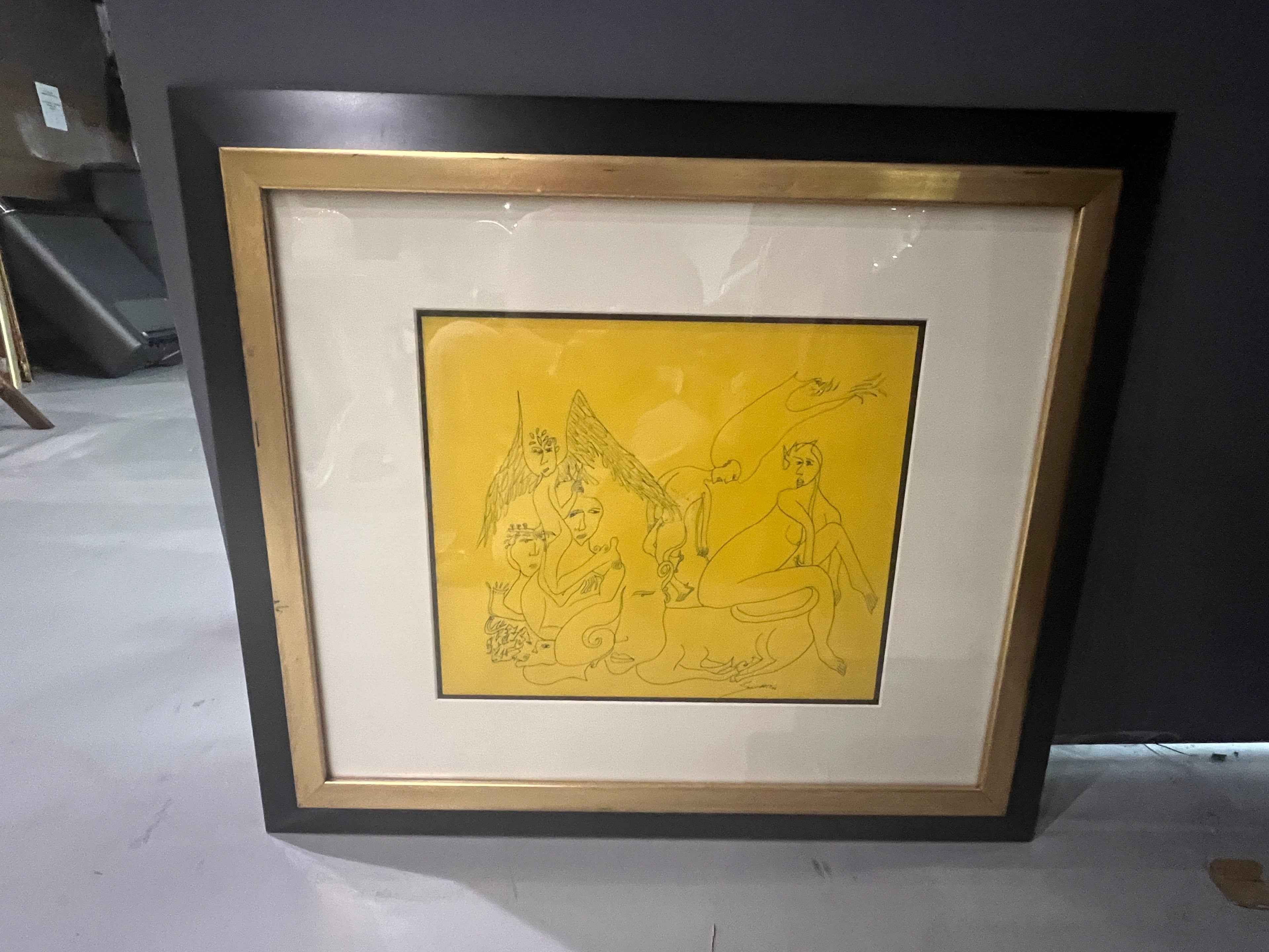 Framed Pen & Ink Abstract Drawing by R.G. Serrano, 1993, Original