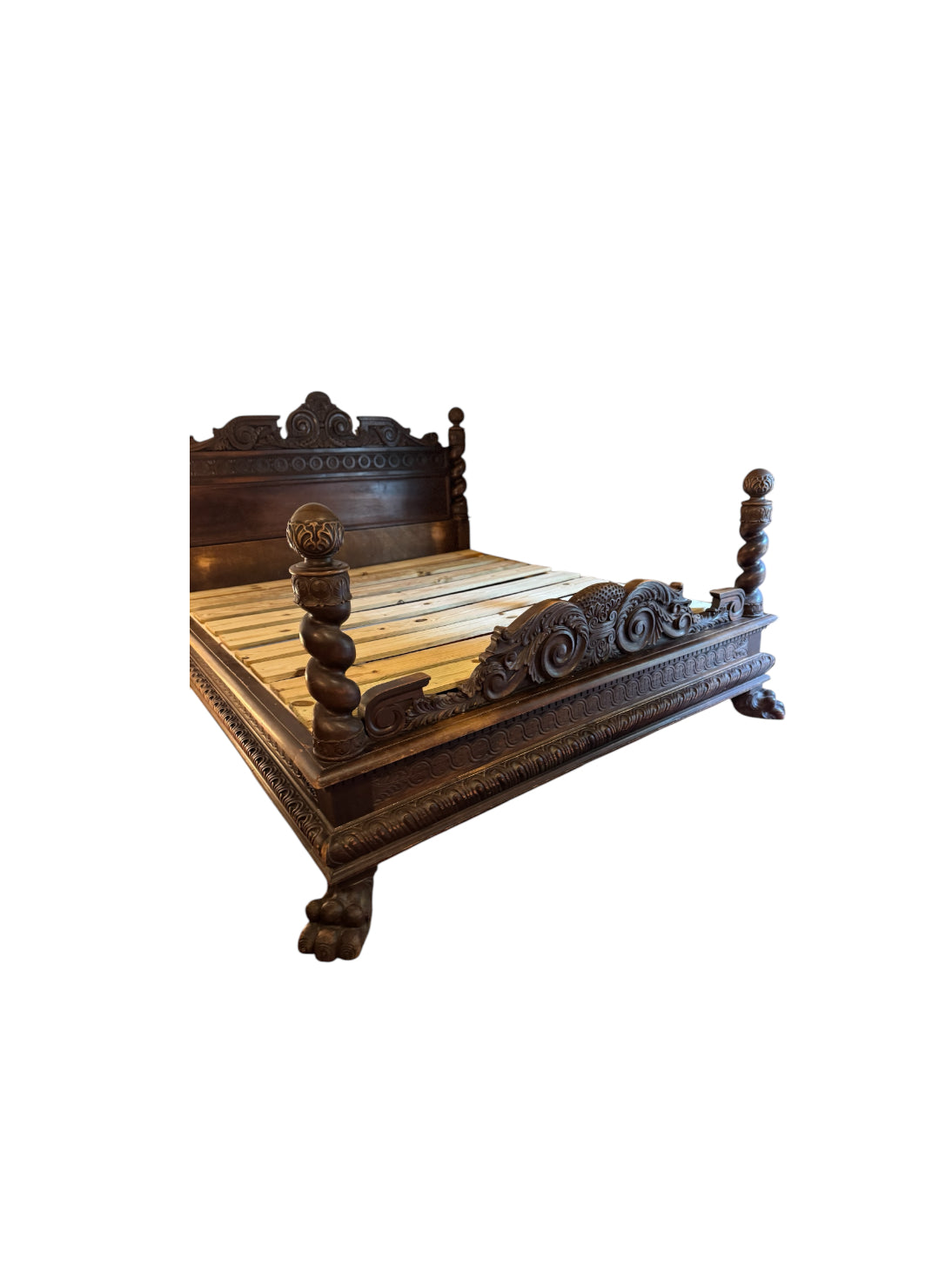 Antique Carved Italian Walnut Clawfoot European Queen Sized Bed