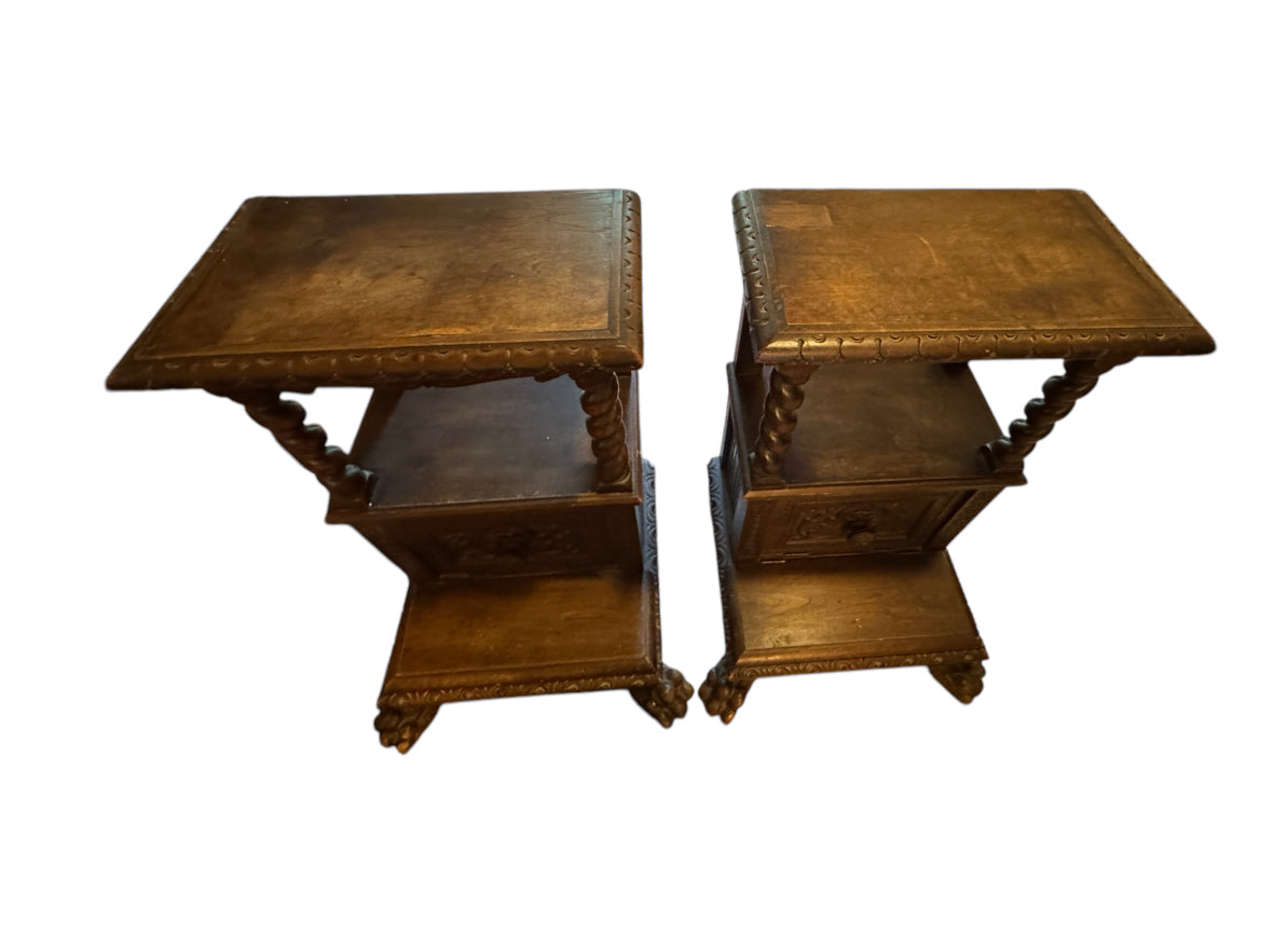 Antique Carved Italian Walnut Clawfoot Nightstands - A Pair