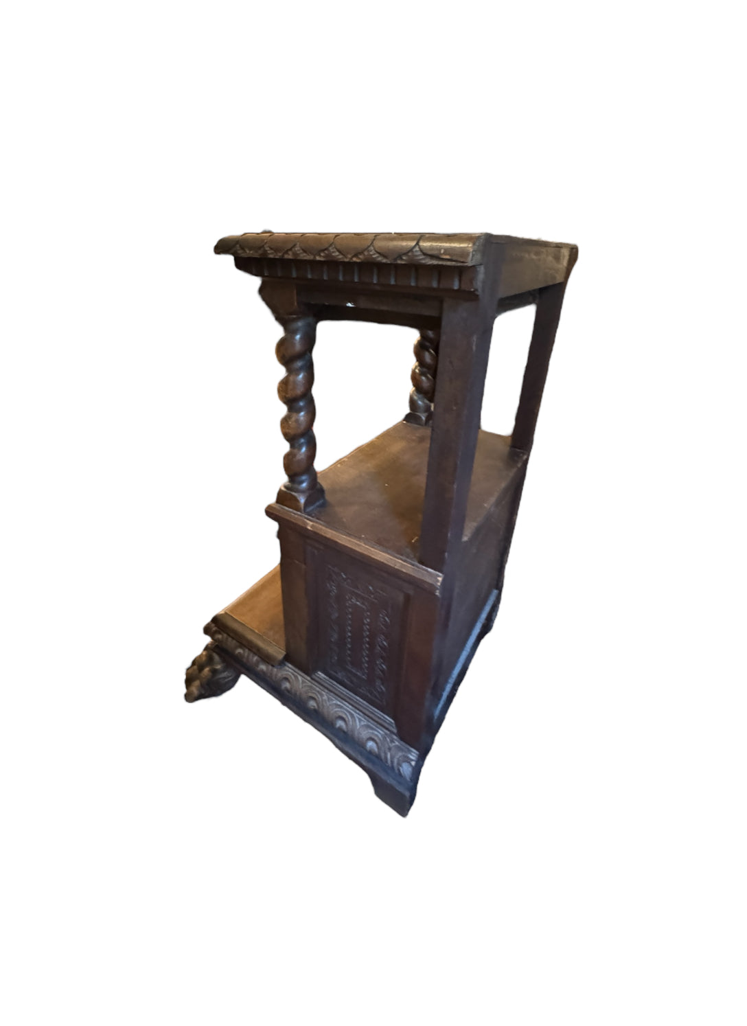 Antique Carved Italian Walnut Clawfoot Nightstands - A Pair