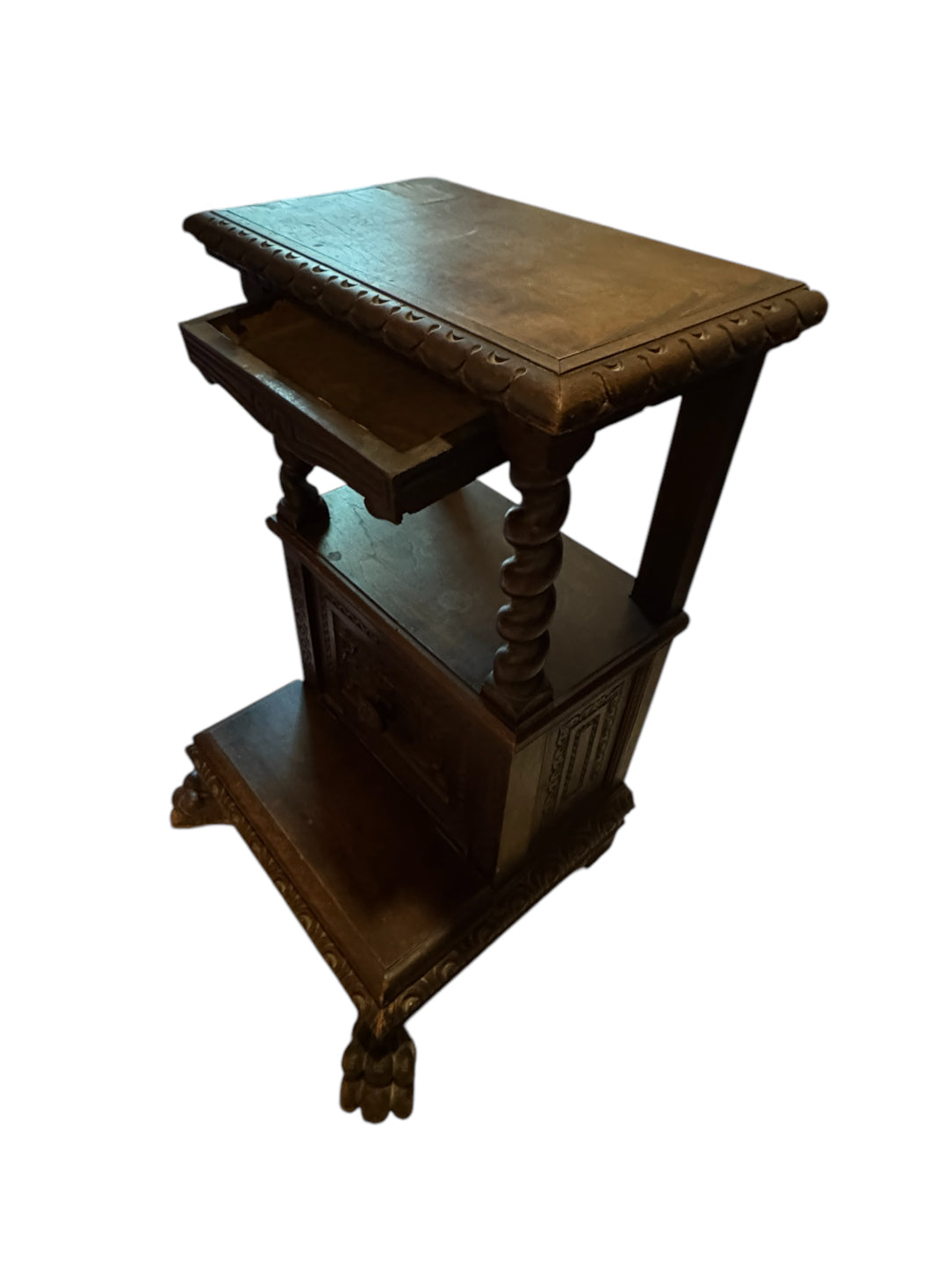 Antique Carved Italian Walnut Clawfoot Nightstands - A Pair