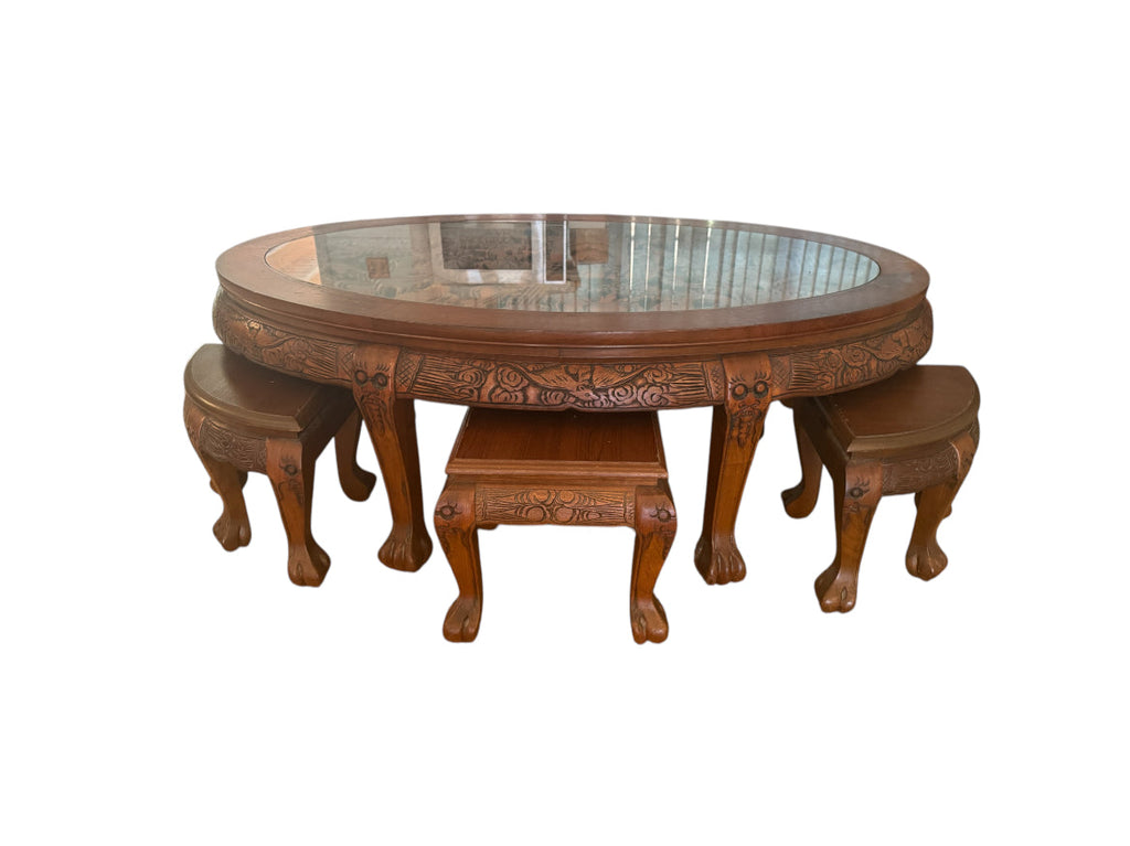 Vintage Oriental Hand Carved Teak Coffee Tea Table with 6 Nesting Stools