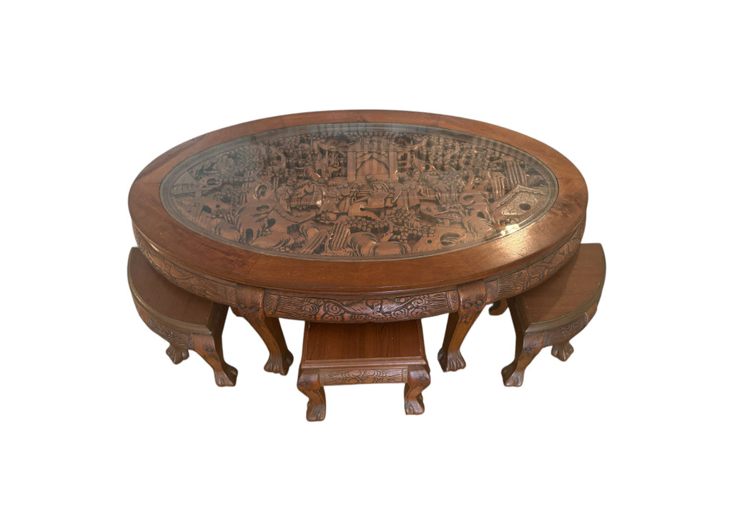 Vintage Oriental Hand Carved Teak Coffee Tea Table with 6 Nesting Stools