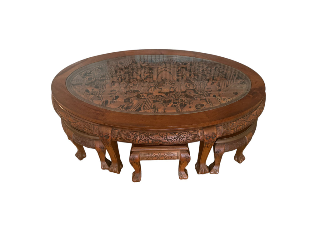Vintage Oriental Hand Carved Teak Coffee Tea Table with 6 Nesting Stools