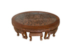 Vintage Oriental Hand Carved Teak Coffee Tea Table with 6 Nesting Stools