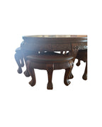 Vintage Oriental Hand Carved Teak Coffee Tea Table with 6 Nesting Stools