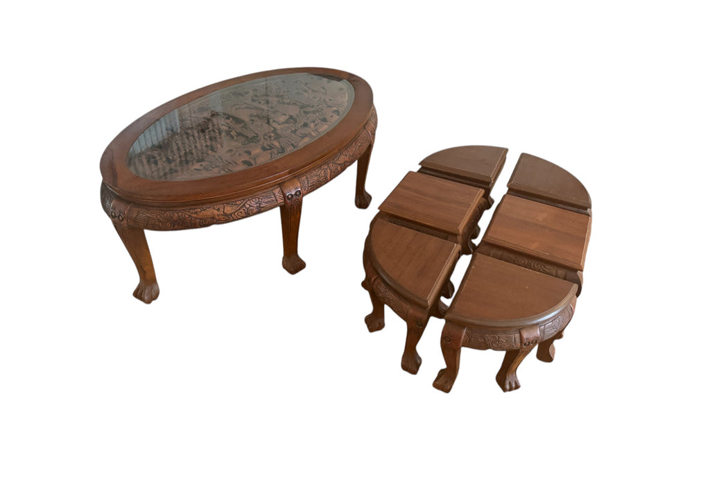 Vintage Oriental Hand Carved Teak Coffee Tea Table with 6 Nesting Stools
