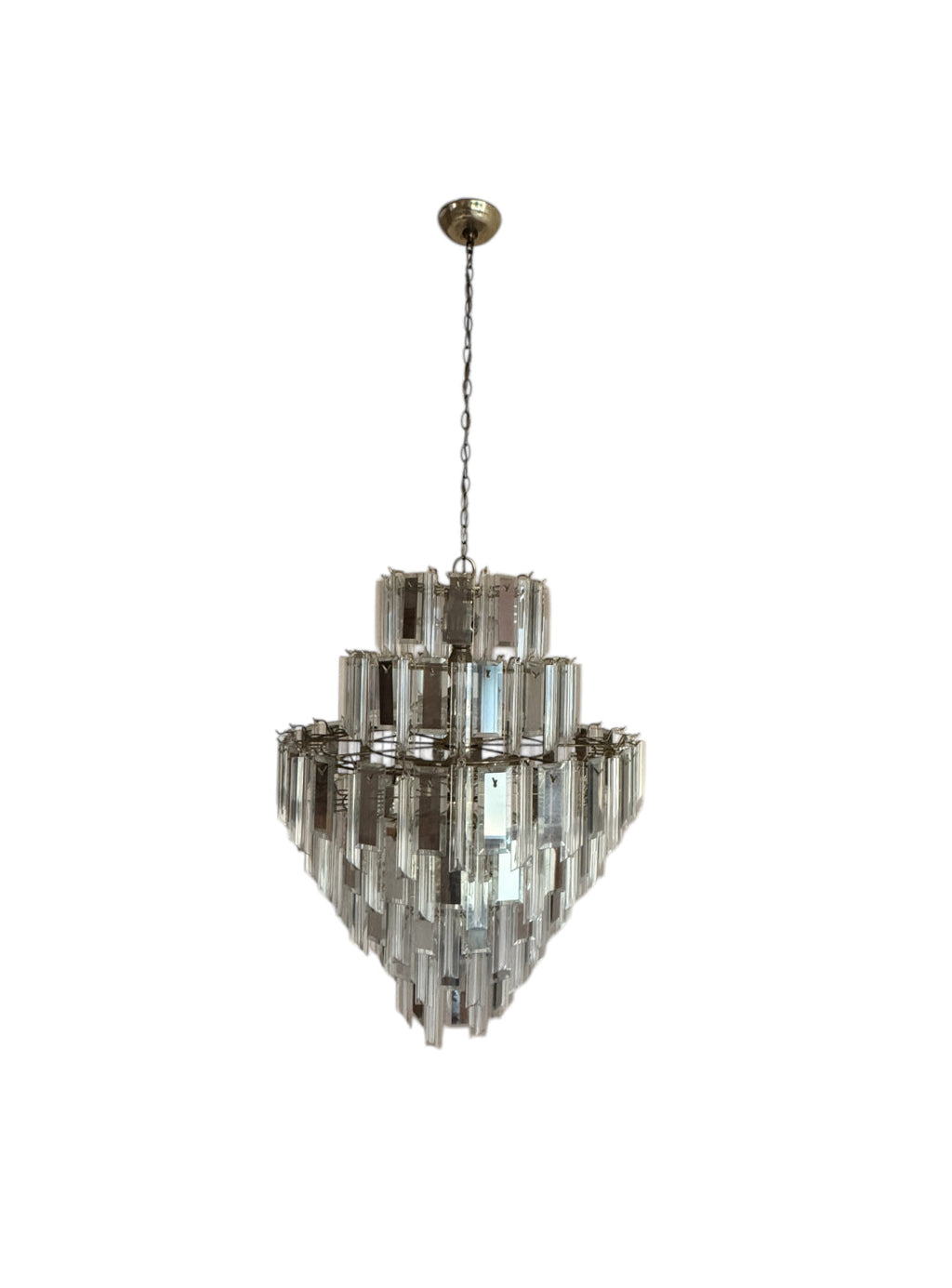 Vintage Retro MCM Mirrored Prism and Lucite 7-Tiered Chandelier with Brass Frame