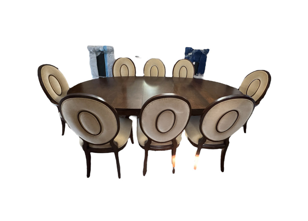 Thomasville Lumine Collection Dining Table with Double Pedestal, 8 Upholstered Chairs and Three Leaf Extension