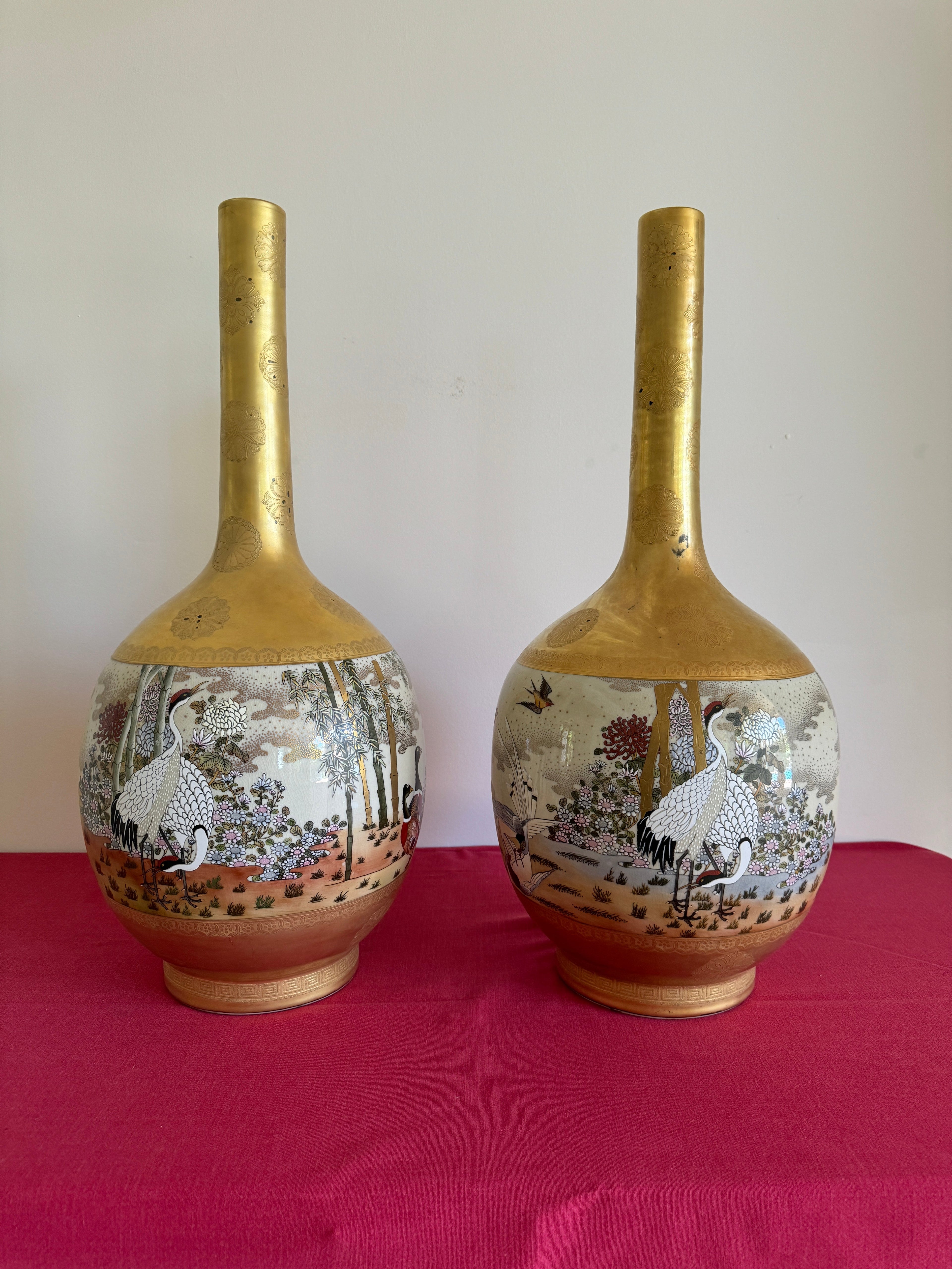 1990s Vintage Japanese Kutani Porcelain Tall Vases - Set of 2, Signed by Artist