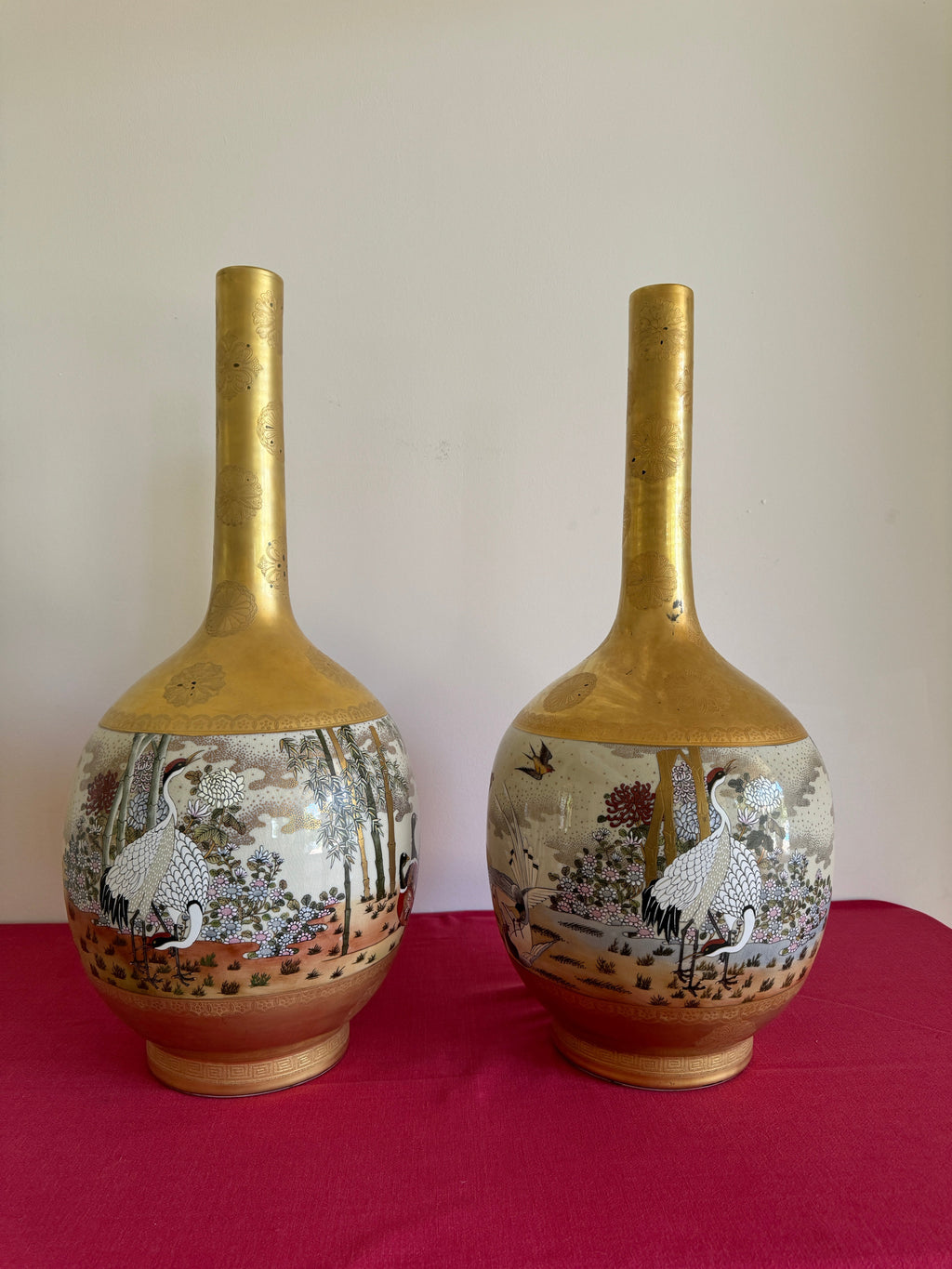 1990s Vintage Japanese Kutani Porcelain Tall Vases - Set of 2, Signed by Artist