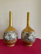 1990s Vintage Japanese Kutani Porcelain Tall Vases - Set of 2, Signed by Artist