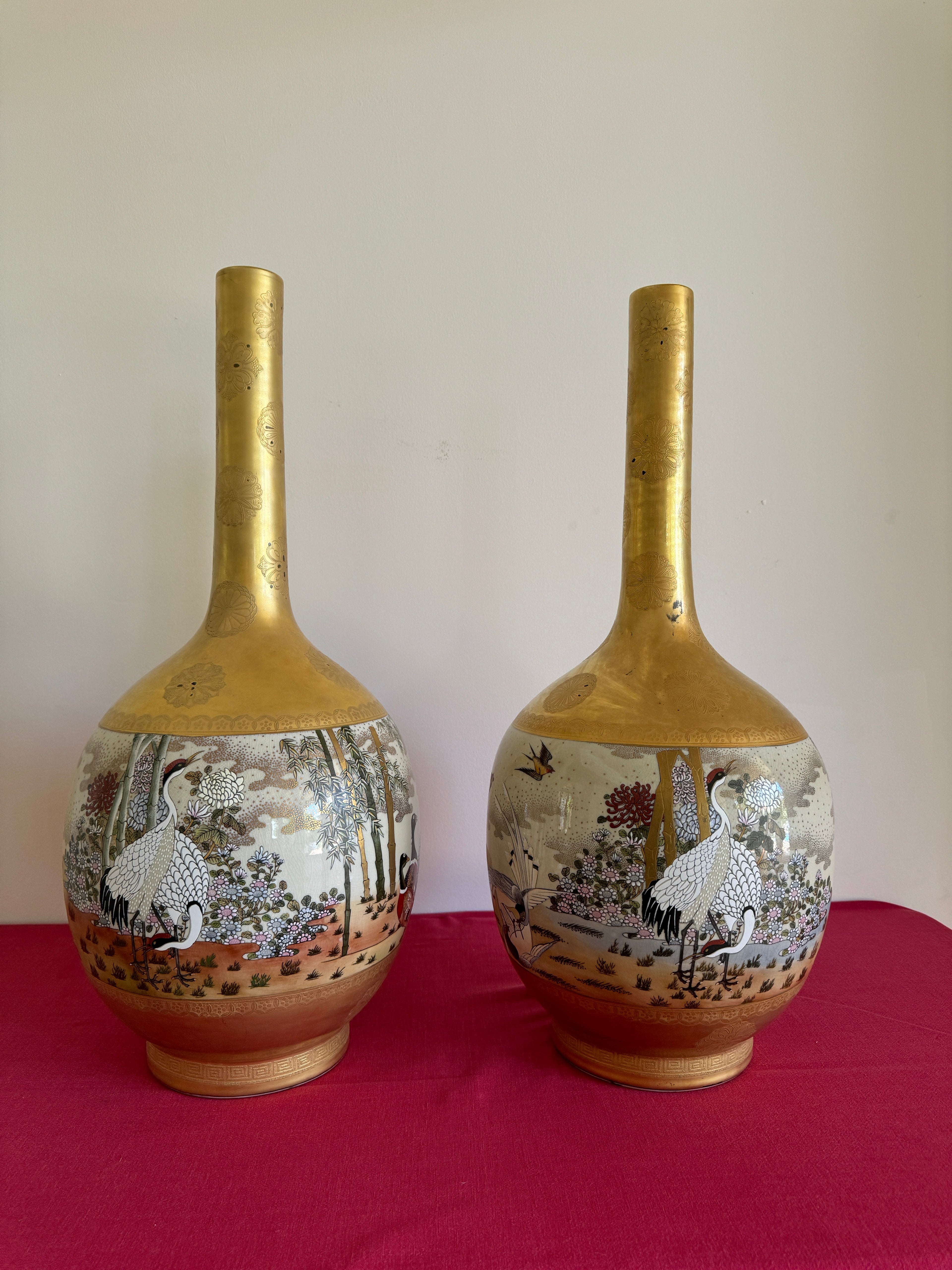 1990s Vintage Japanese Kutani Porcelain Tall Vases - Set of 2, Signed by Artist