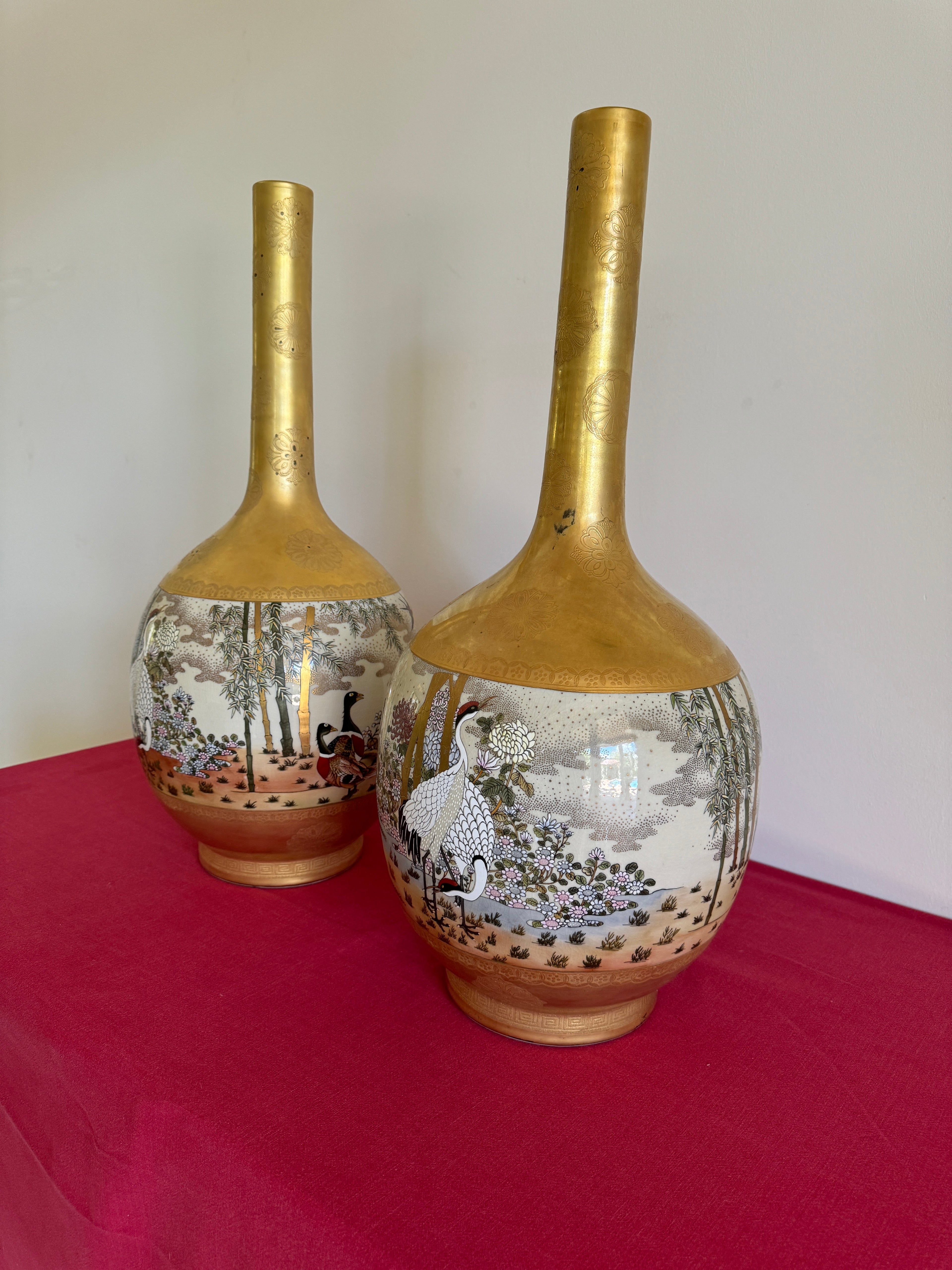 1990s Vintage Japanese Kutani Porcelain Tall Vases - Set of 2, Signed by Artist