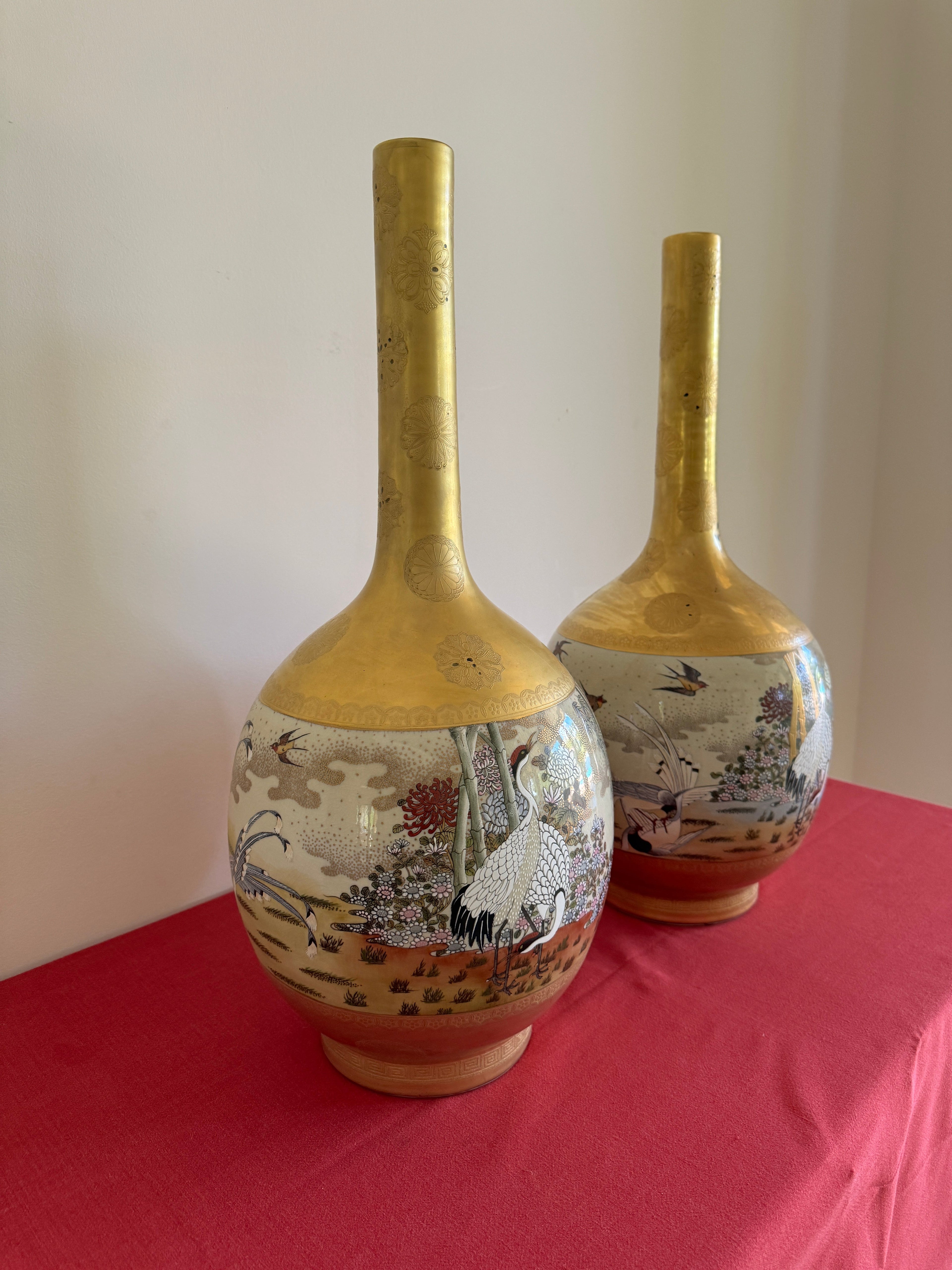 1990s Vintage Japanese Kutani Porcelain Tall Vases - Set of 2, Signed by Artist