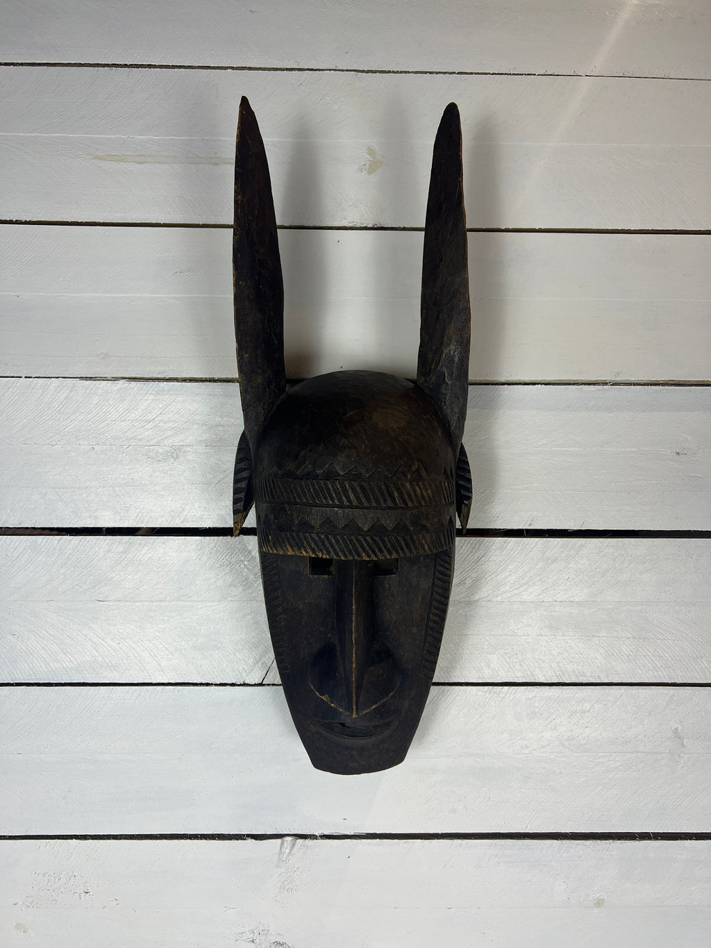 Vintage Hand Carved African Tribal Mask with Large Horns