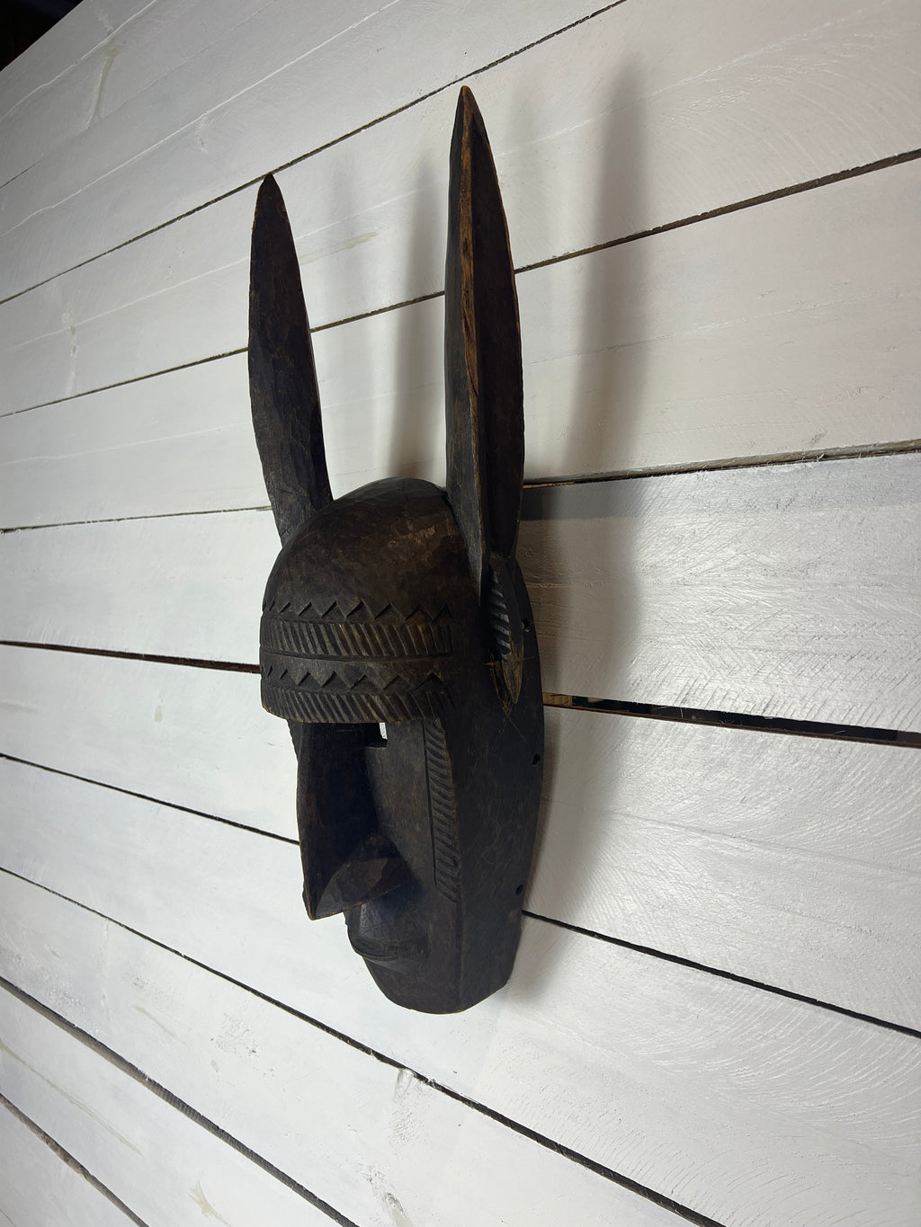 Vintage Hand Carved African Tribal Mask with Large Horns