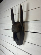 Vintage Hand Carved African Tribal Mask with Large Horns