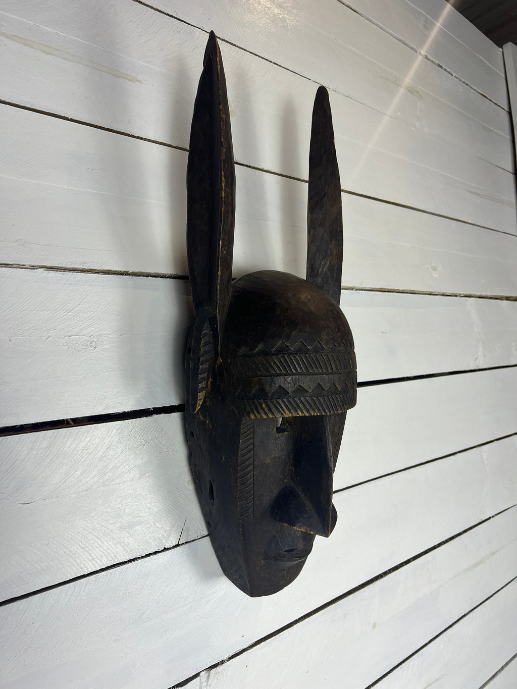 Vintage Hand Carved African Tribal Mask with Large Horns