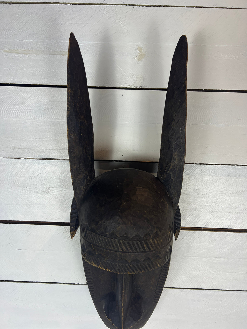 Vintage Hand Carved African Tribal Mask with Large Horns