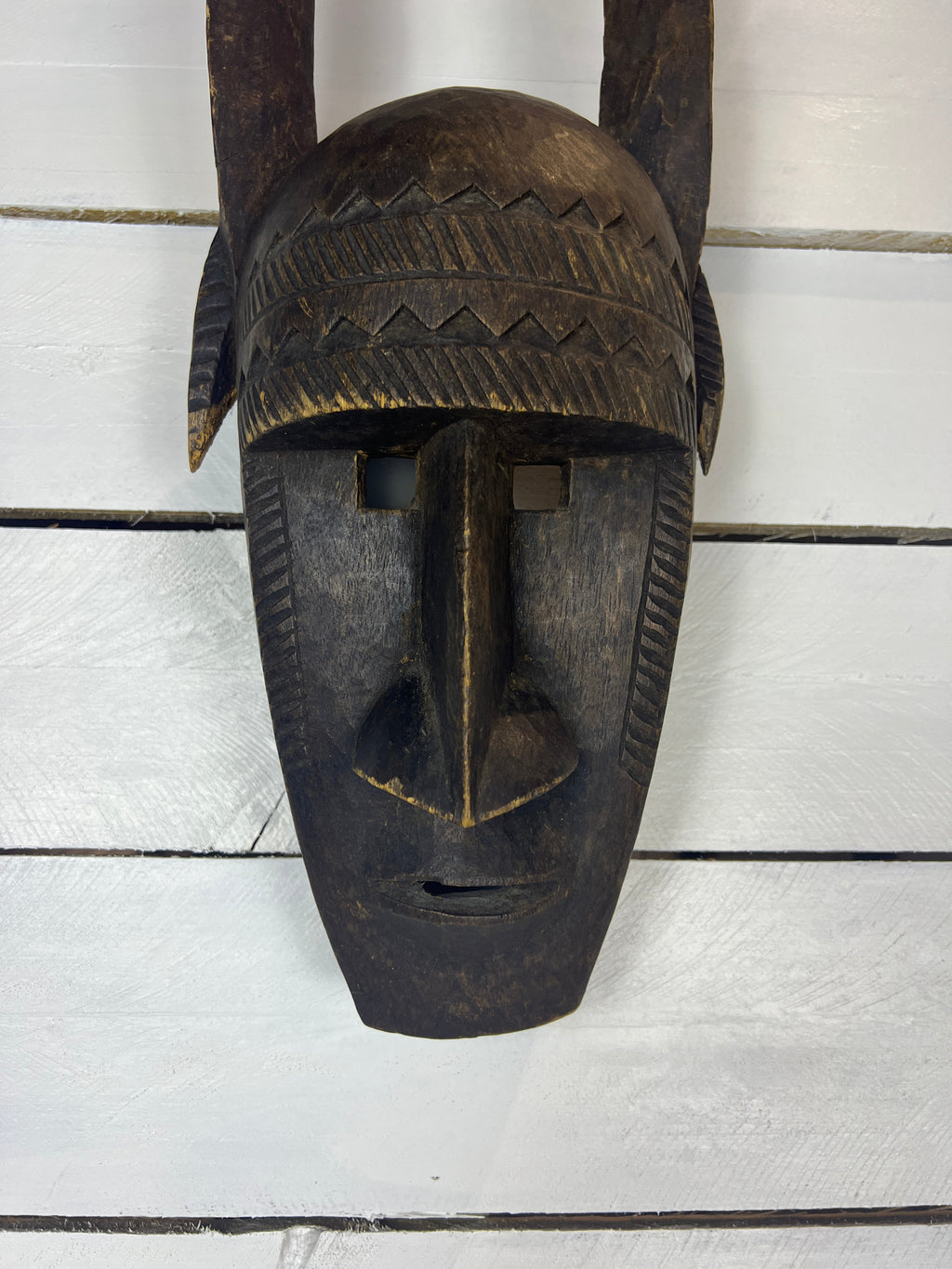 Vintage Hand Carved African Tribal Mask with Large Horns