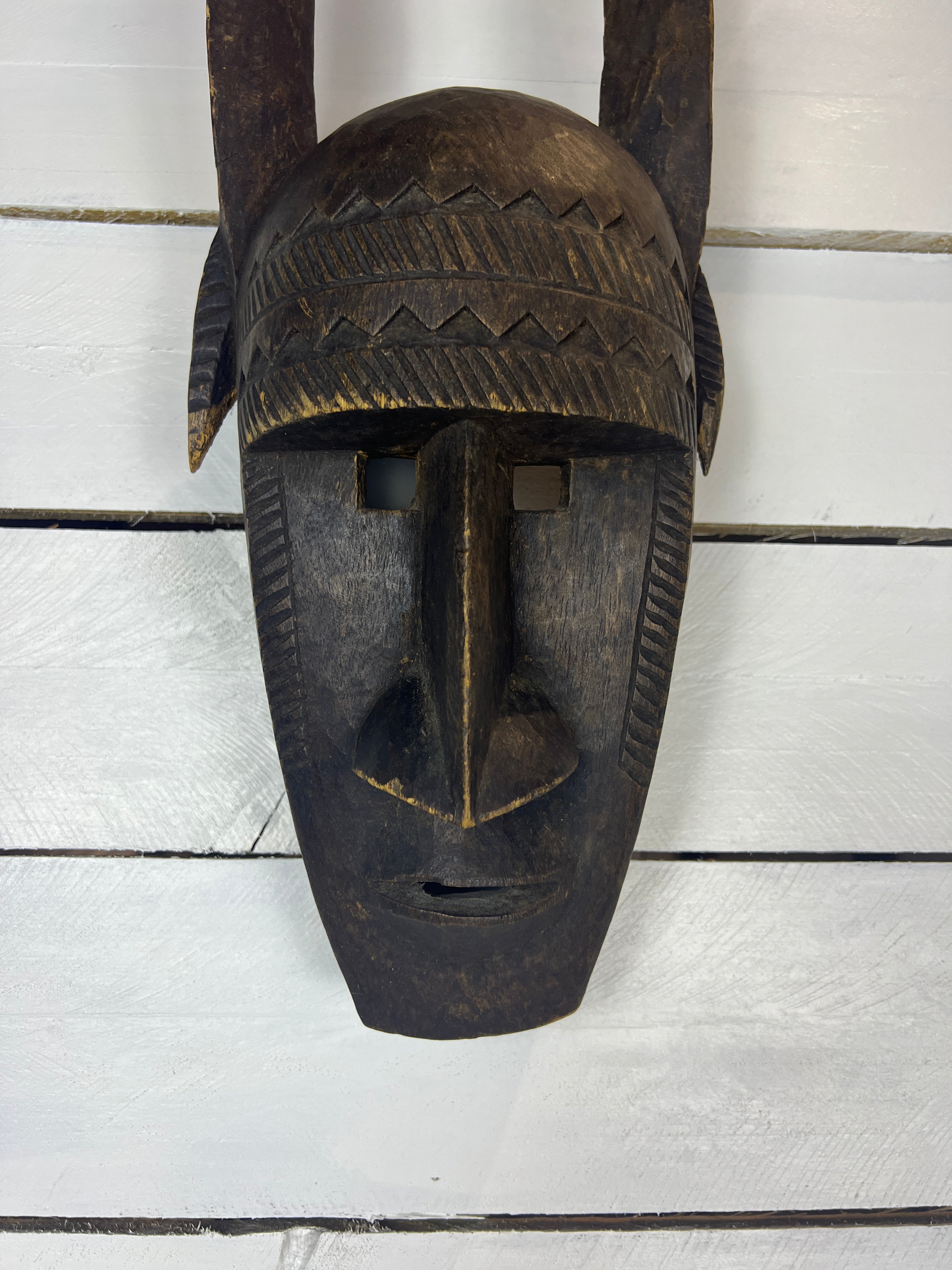 Vintage Hand Carved African Tribal Mask with Large Horns