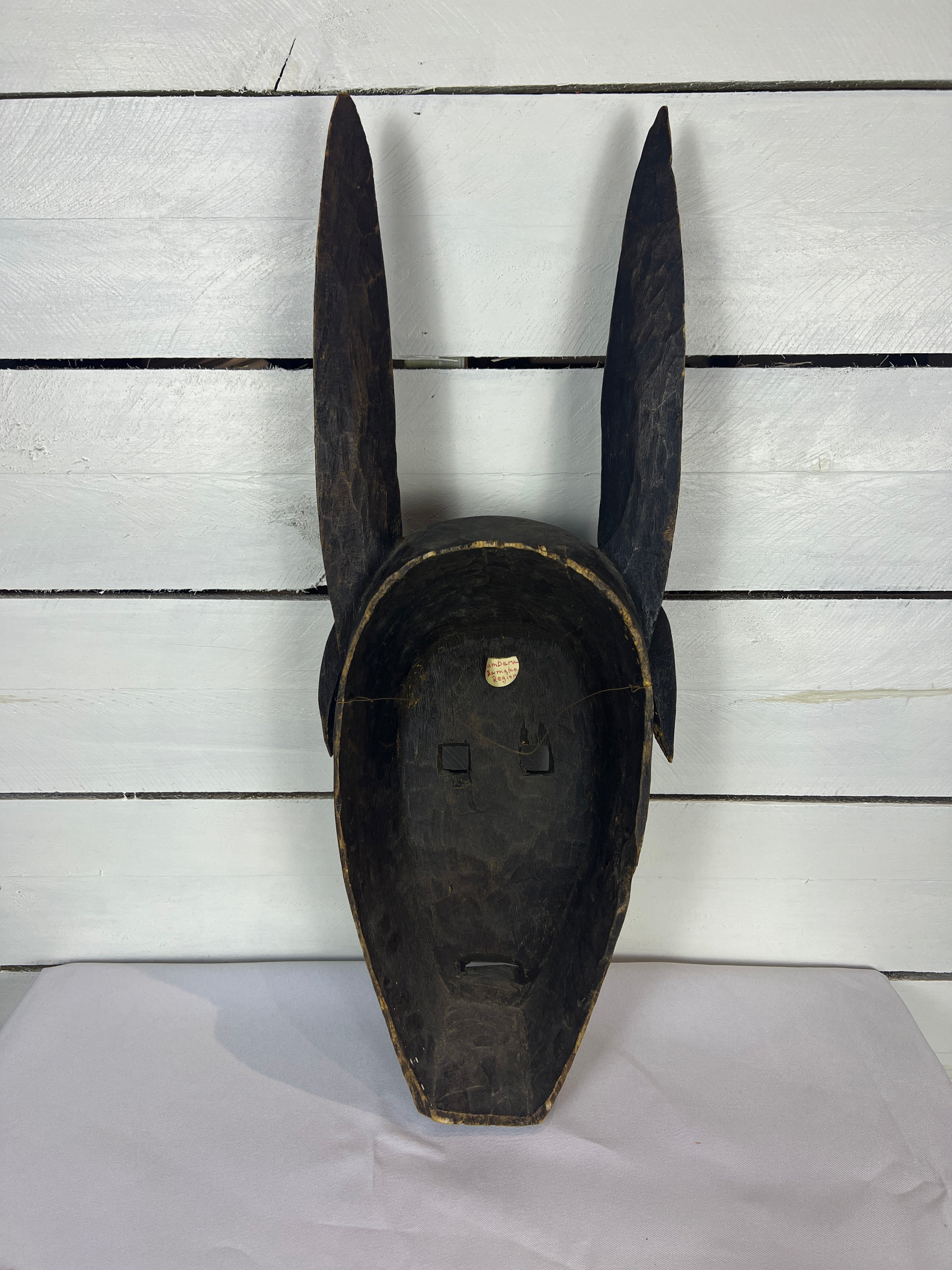 Vintage Hand Carved African Tribal Mask with Large Horns