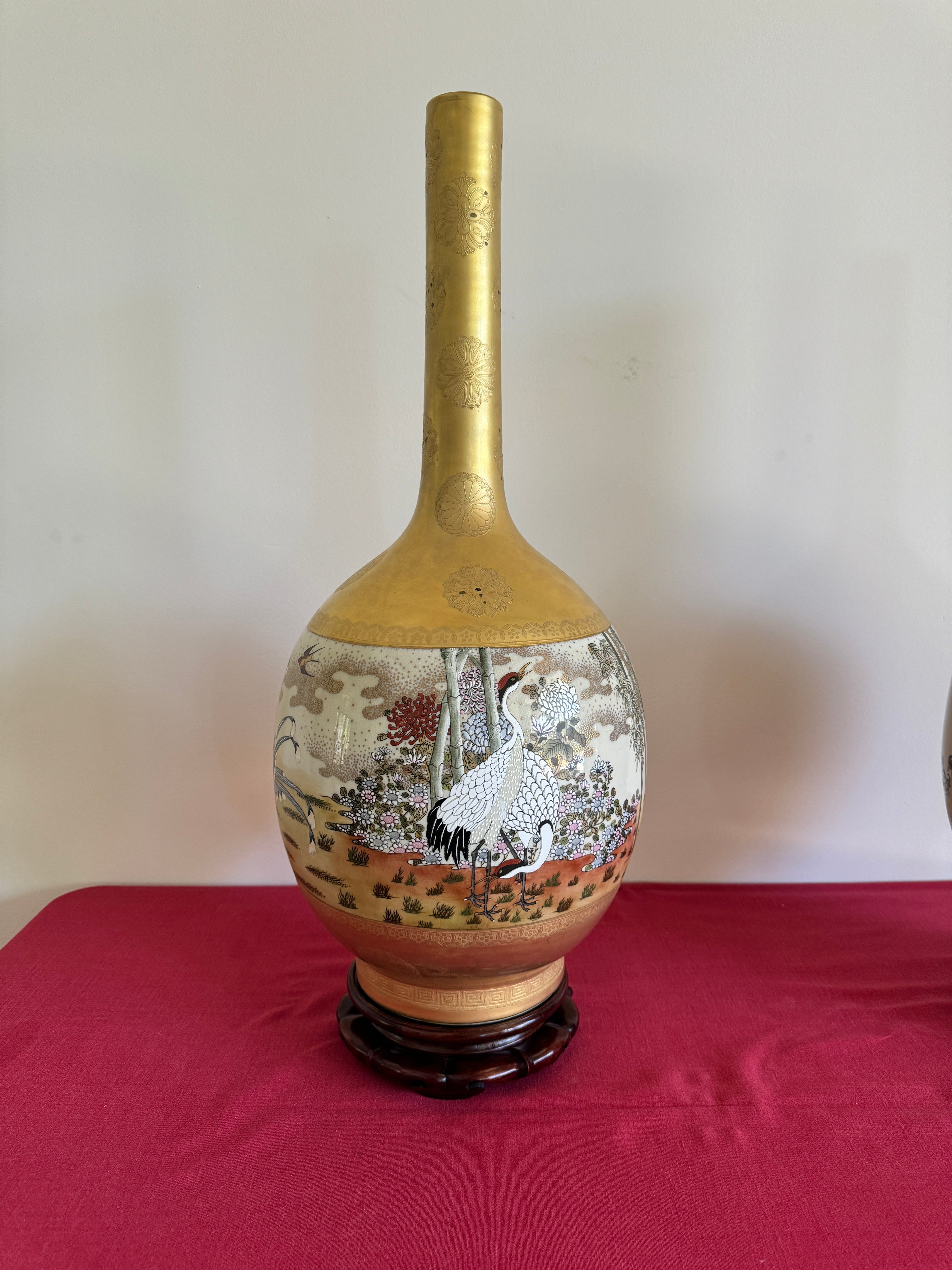 1990s Vintage Japanese Kutani Porcelain Tall Vases - Set of 2, Signed by Artist