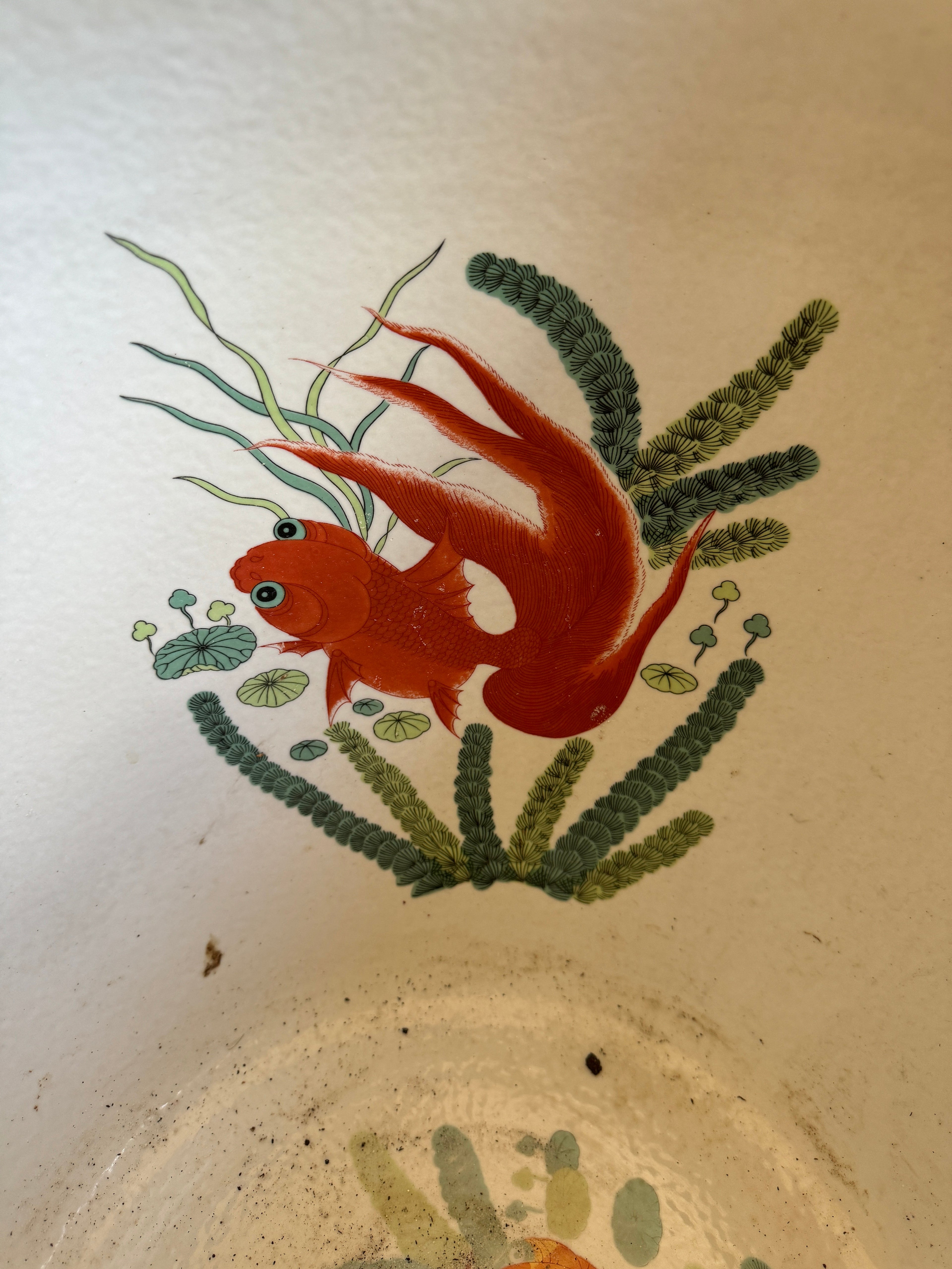 Large Vintage Ceramic Chinese Fishbowl/Jardiniere Planter With a Coral and Flower Motif. Stand Included.