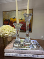 Vintage Solid Lead Crystal Pillar or Tapered Hourglass Shaped Candleholder/Candlesticks 5.25 Inch - Set of 2