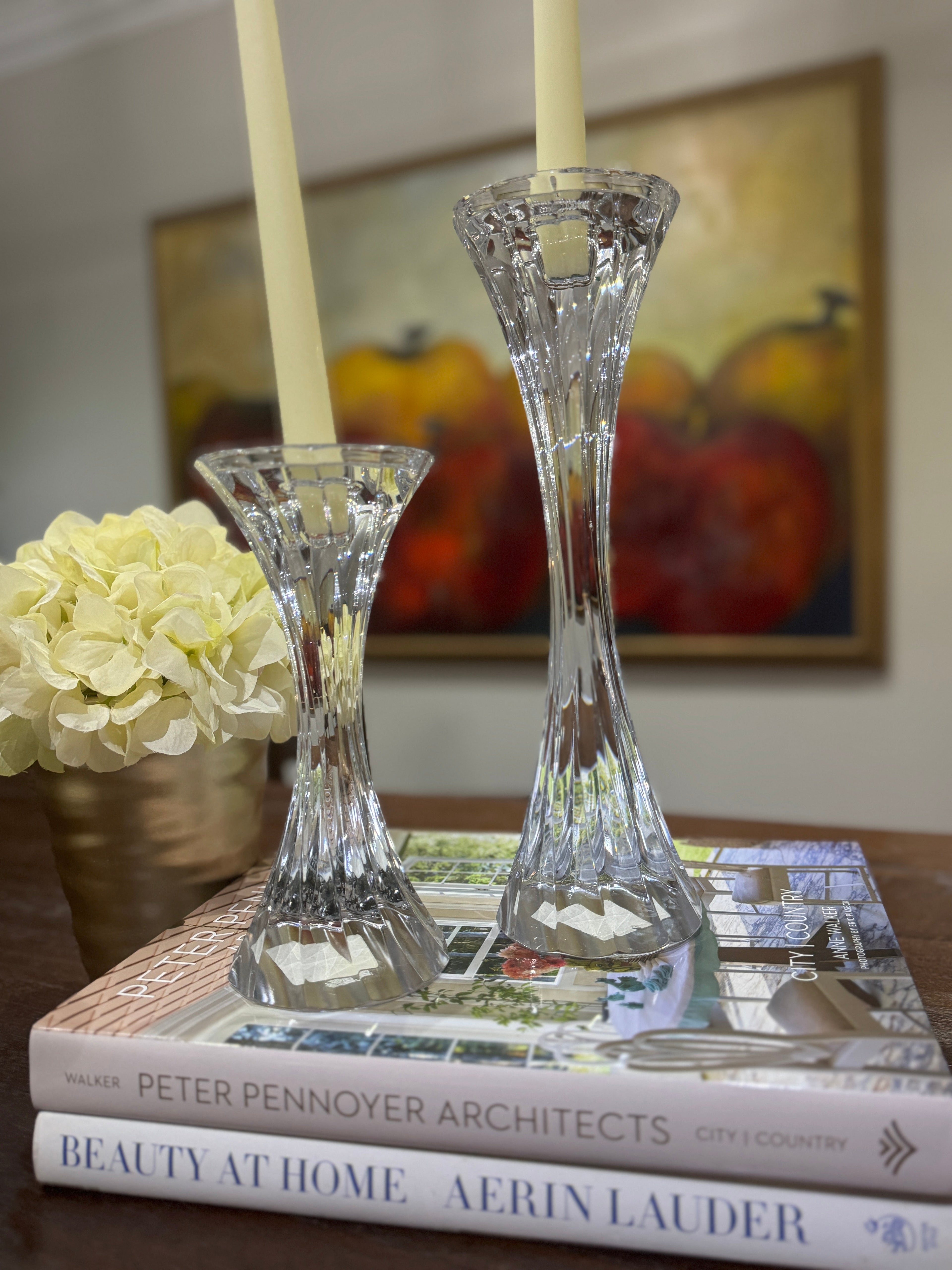 Vintage Solid Lead Crystal Pillar or Tapered Hourglass Shaped Candleholder/Candlesticks 5.25 Inch - Set of 2