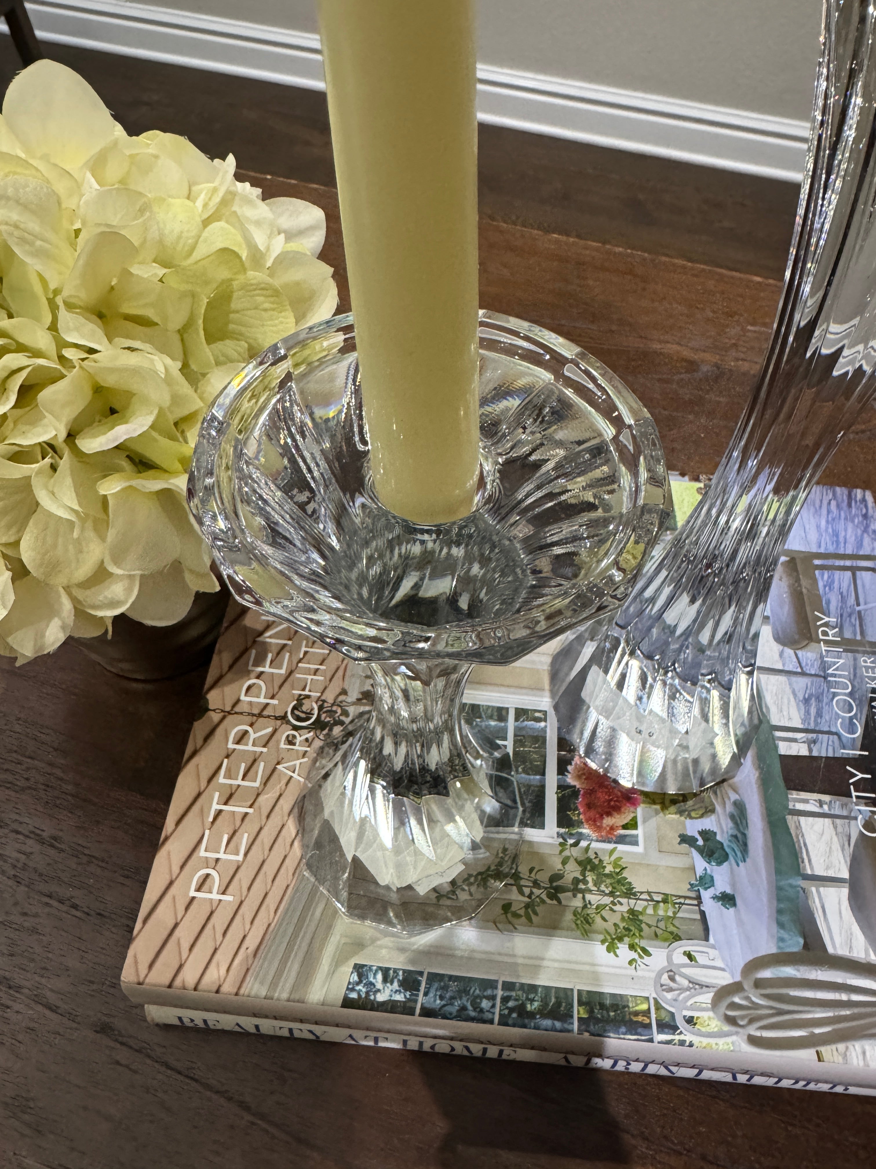 Vintage Solid Lead Crystal Pillar or Tapered Hourglass Shaped Candleholder/Candlesticks 5.25 Inch - Set of 2