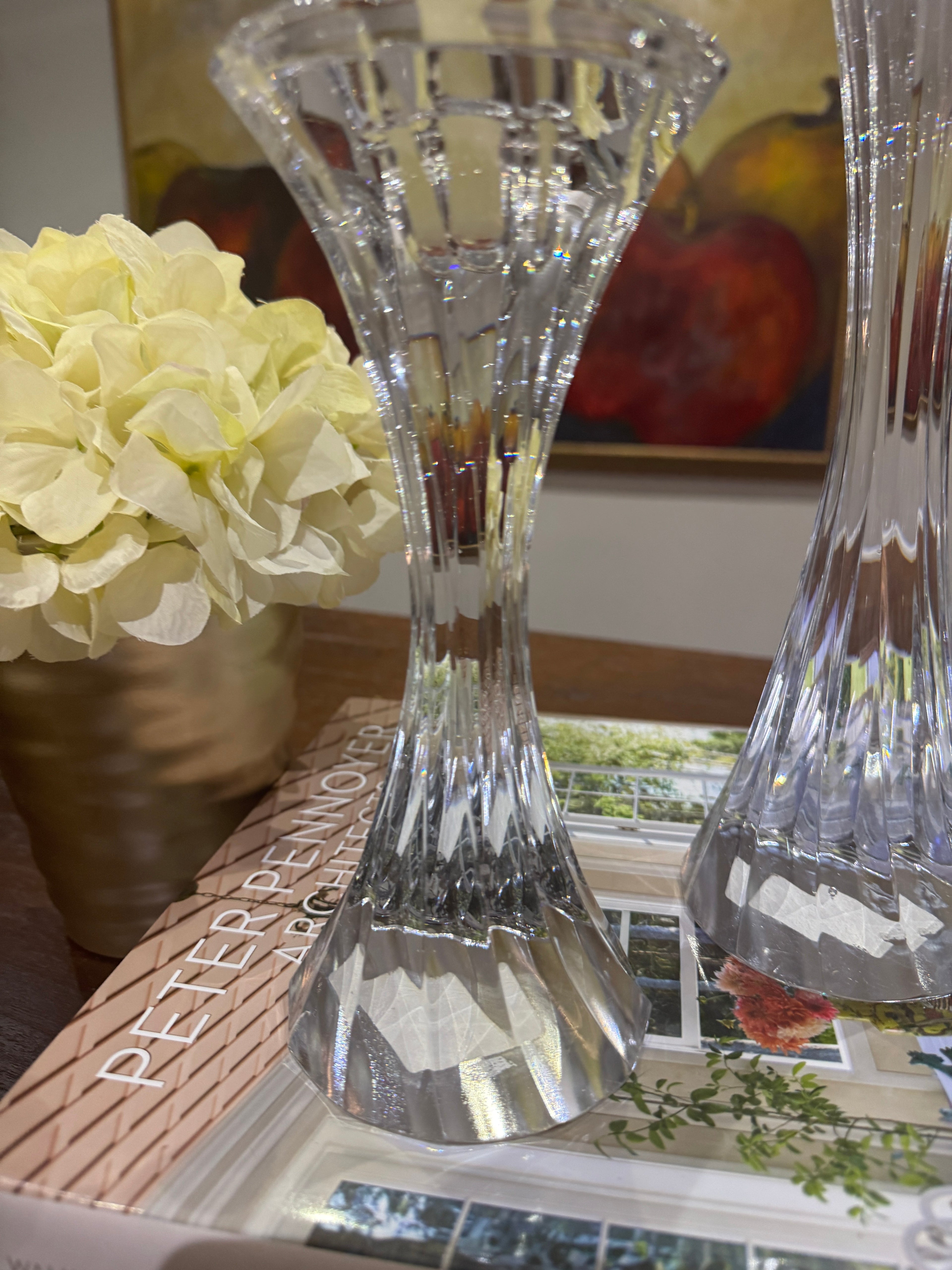 Vintage Solid Lead Crystal Pillar or Tapered Hourglass Shaped Candleholder/Candlesticks 5.25 Inch - Set of 2