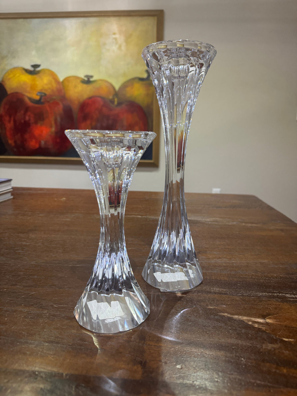 Vintage Solid Lead Crystal Pillar or Tapered Hourglass Shaped Candleholder/Candlesticks 5.25 Inch - Set of 2