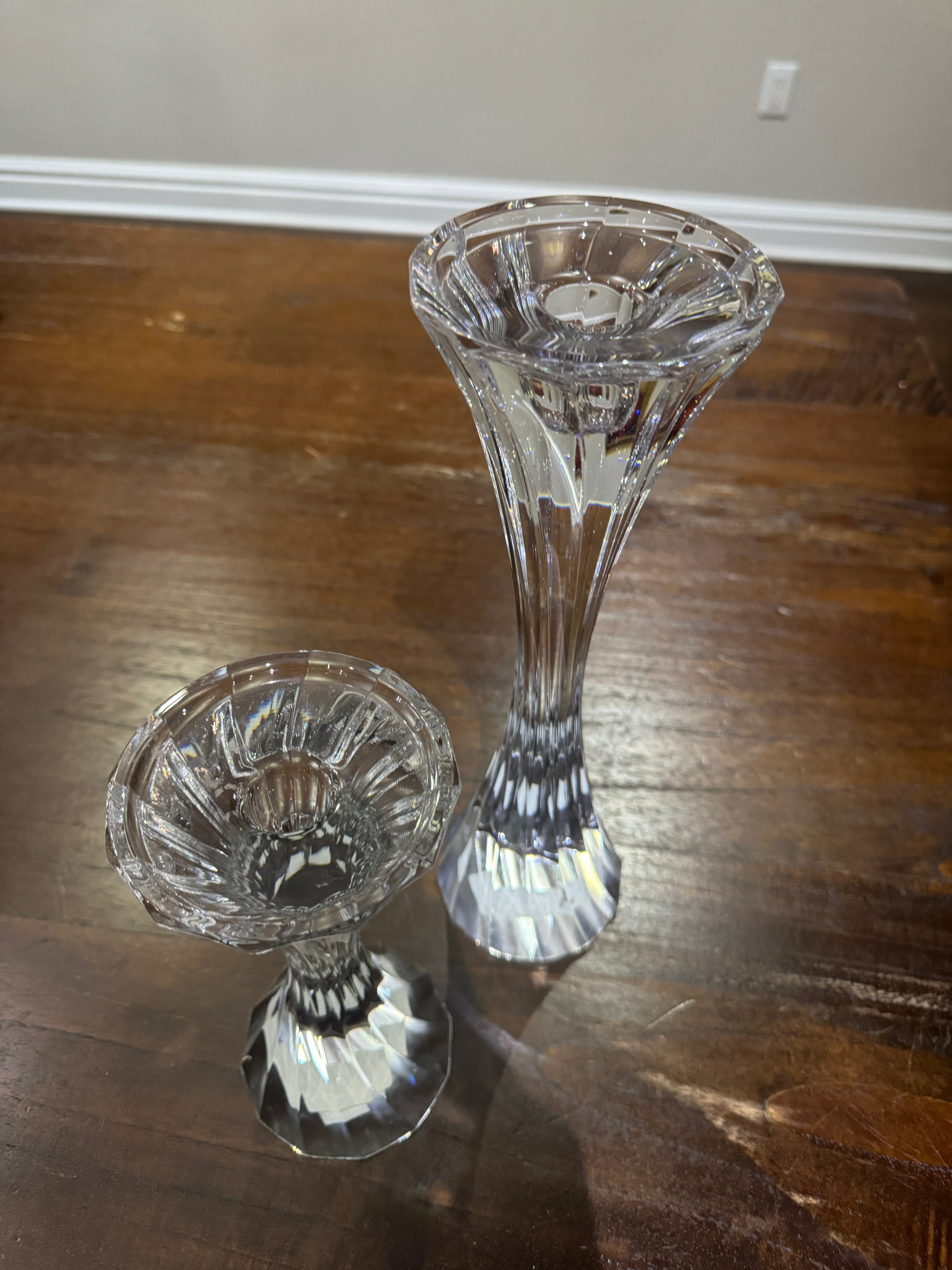 Vintage Solid Lead Crystal Pillar or Tapered Hourglass Shaped Candleholder/Candlesticks 5.25 Inch - Set of 2