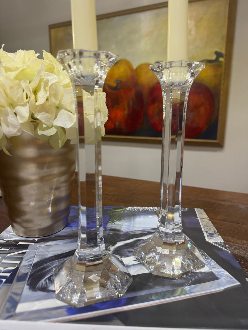 Vintage Narrow Squared Crystal Candlesticks - Set of Two