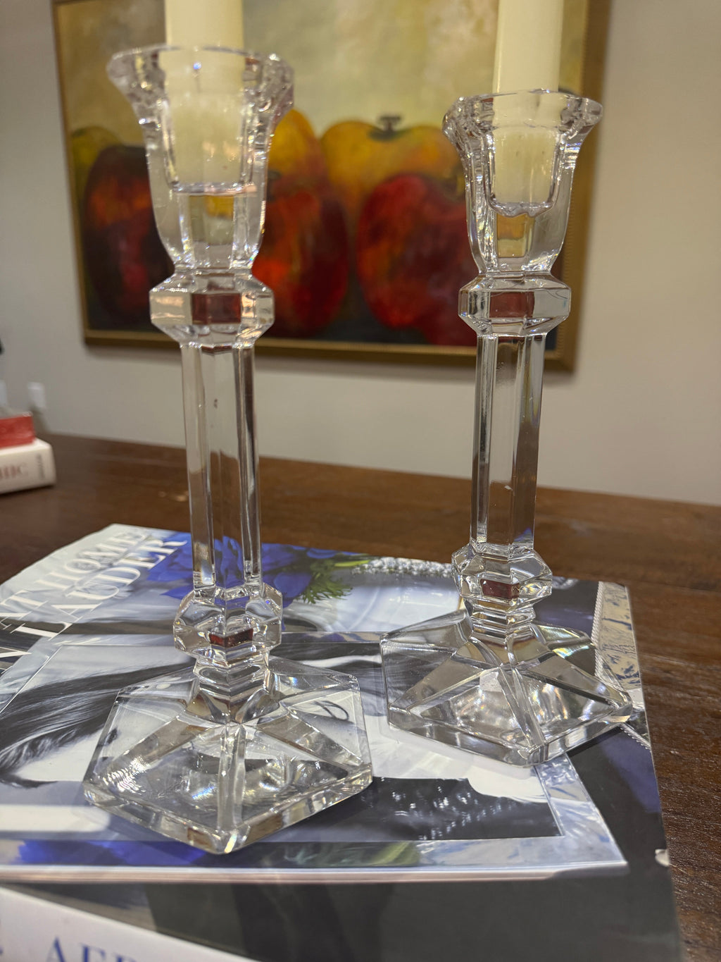 Vintage Hexagon Base Crystal Candle Sticks - Set of 2