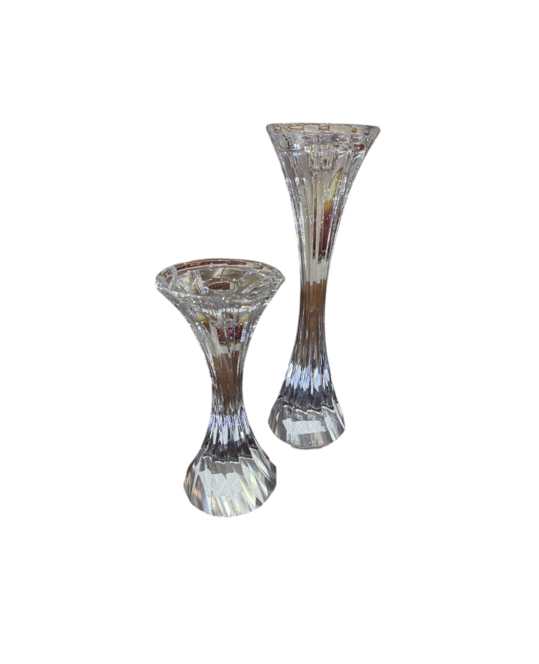 Vintage Solid Lead Crystal Pillar or Tapered Hourglass Shaped Candleholder/Candlesticks 5.25 Inch - Set of 2