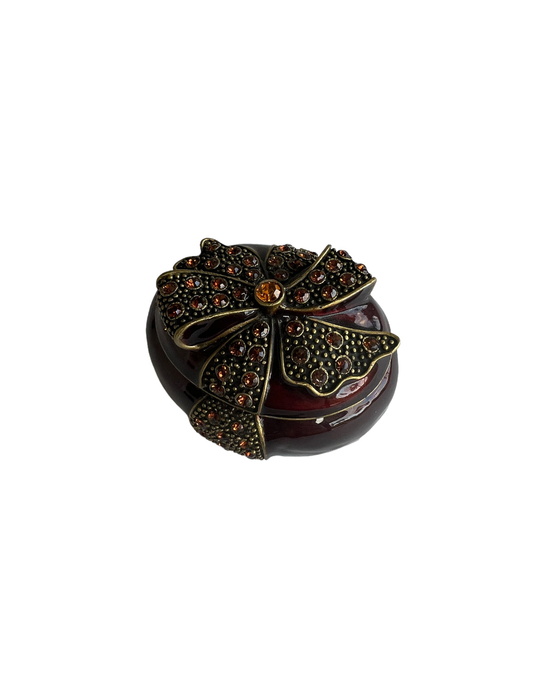Bombay Jeweled and Enameled Metal Hinged Amber Jewelry and Trinket Box - Oval with Bow
