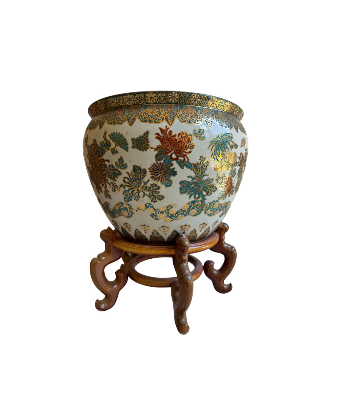 Large Vintage Ceramic Chinese Fishbowl/Jardiniere Planter With a Coral and Flower Motif. Stand Included.