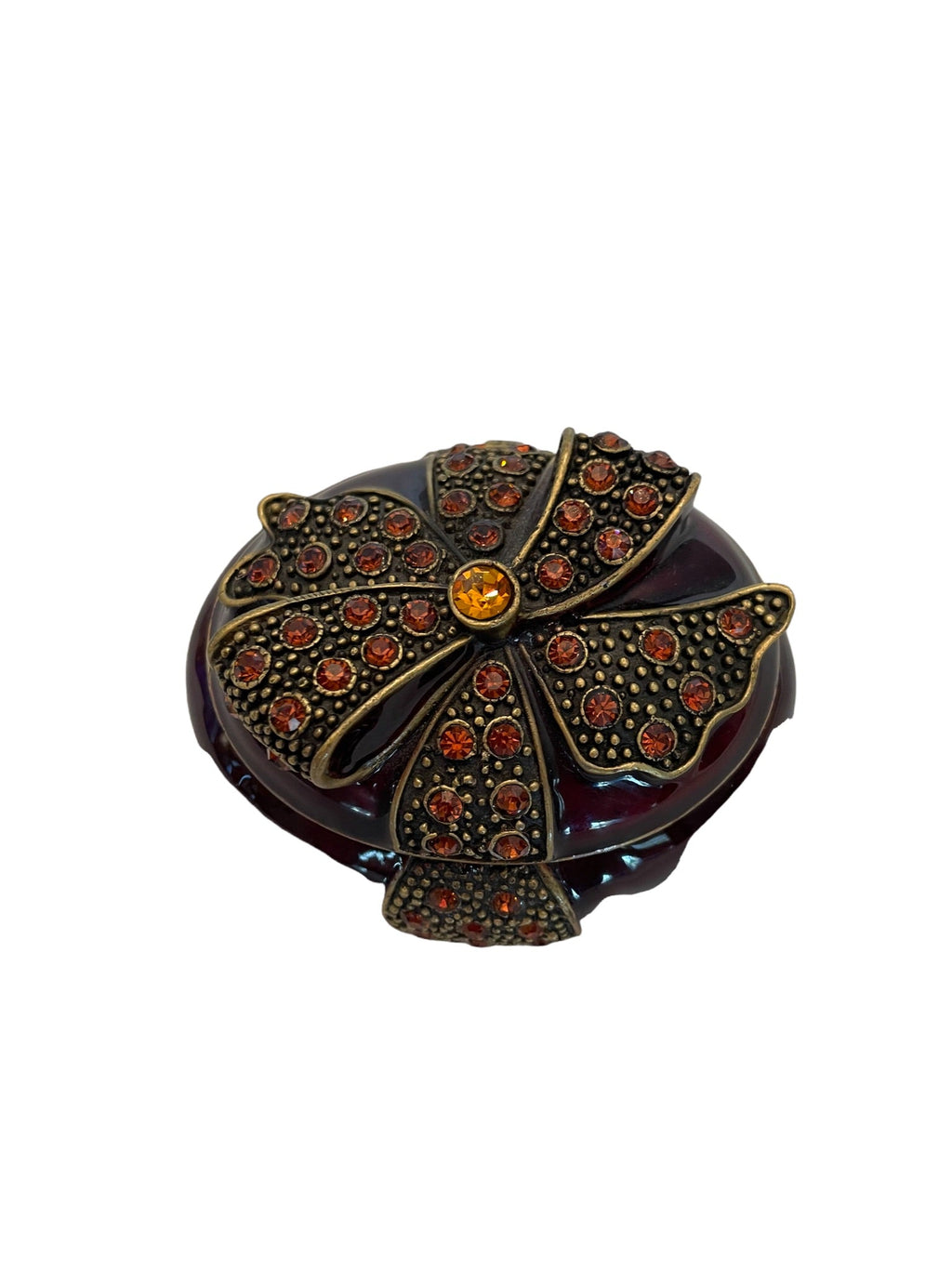 Bombay Jeweled and Enameled Metal Hinged Amber Jewelry and Trinket Box - Oval with Bow