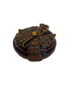 Bombay Jeweled and Enameled Metal Hinged Amber Jewelry and Trinket Box - Oval with Bow