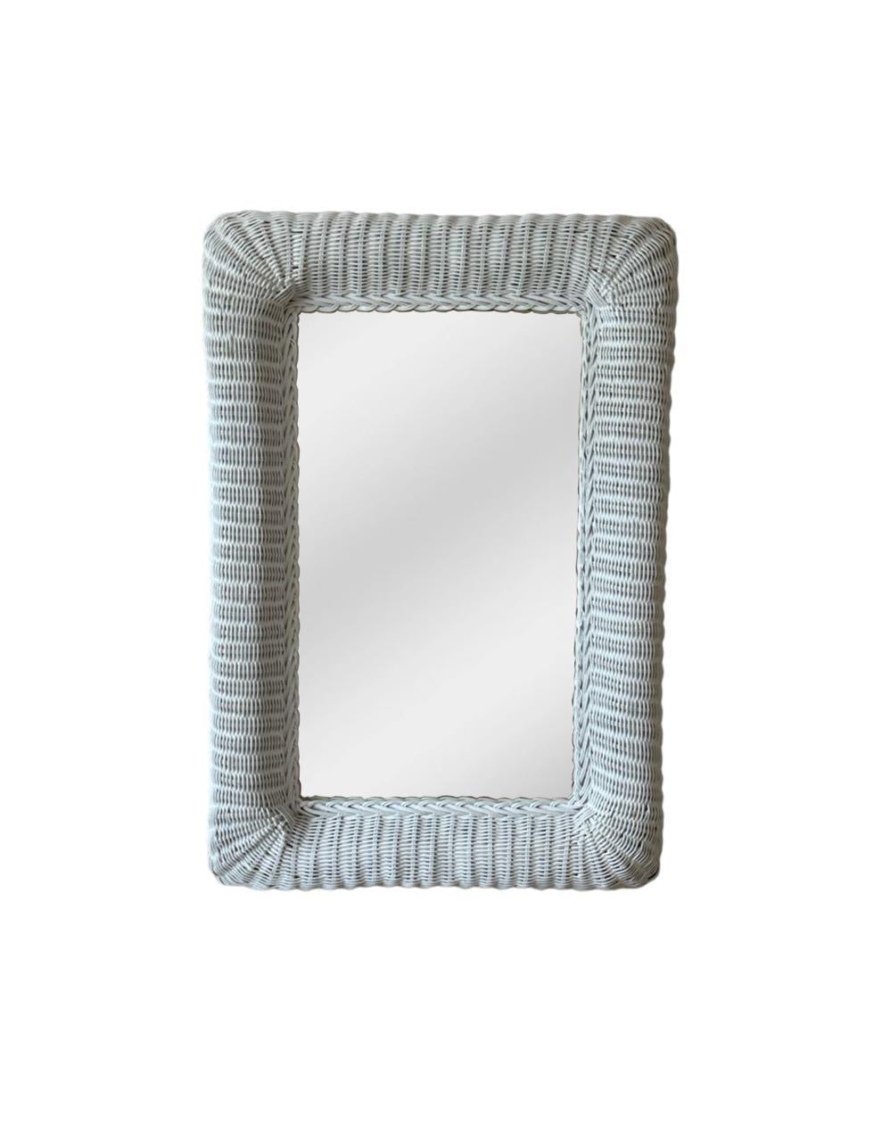 Vintage 1980s White Wicker Rattan Framed Wall Mirror